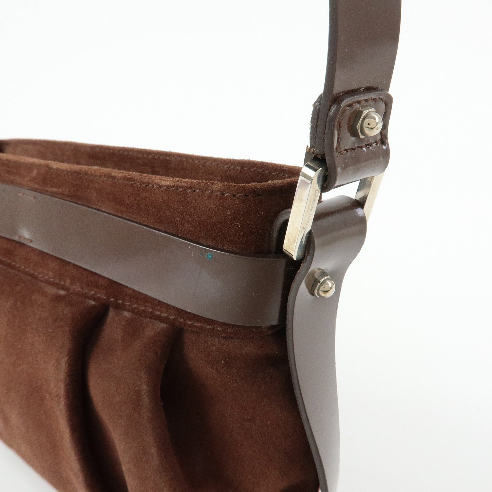 Ferragamo Gancini Suede Leather Hand Bag Shoulder Bag Dark Brown