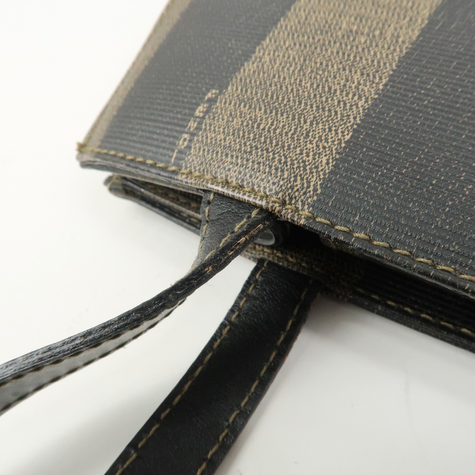 FENDI Pequin PVC Coating Canvas Leather Tote Bag Brown Black 259980