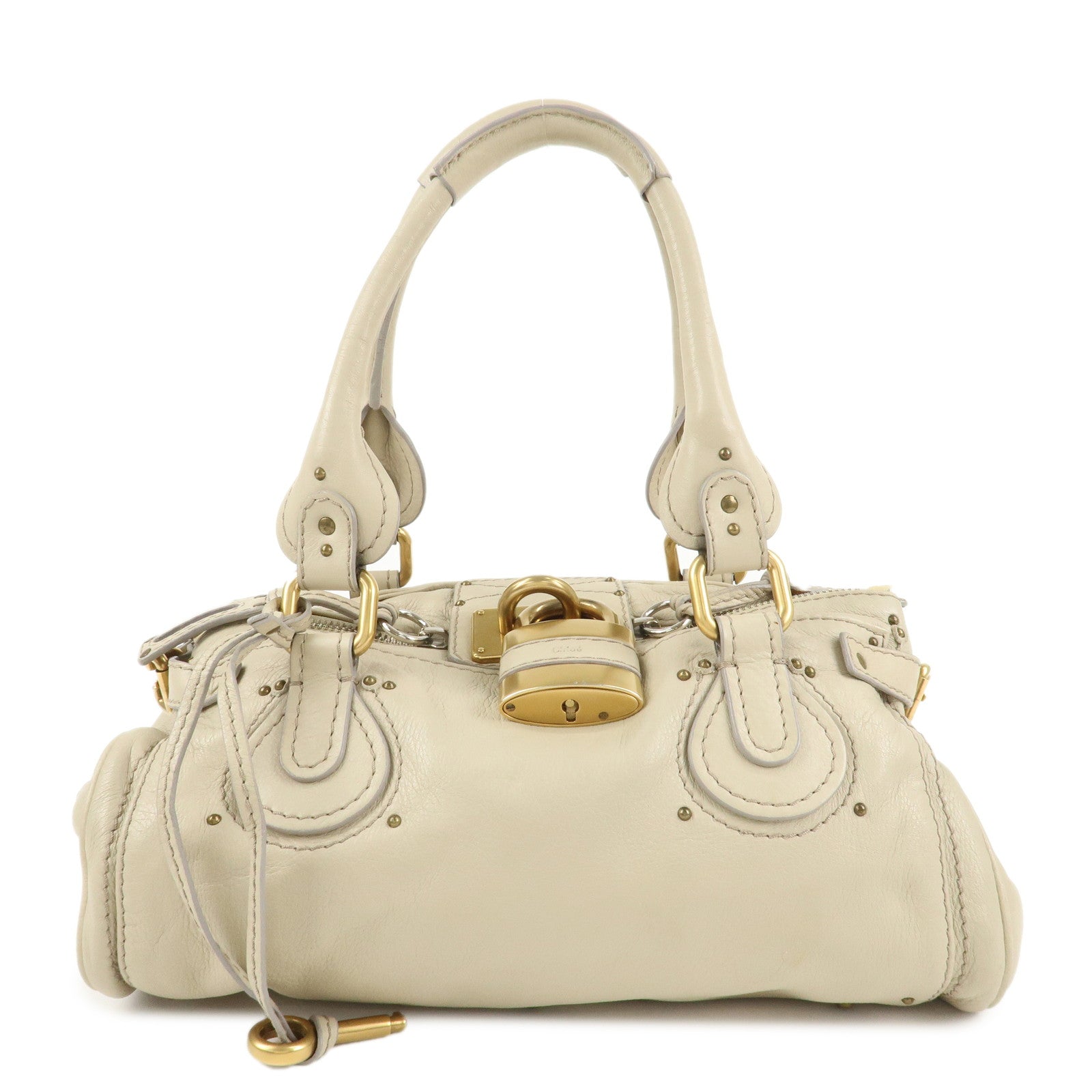 Chloe Paddington Leather Medium Hand Bag Shoulder Bag Beige Used