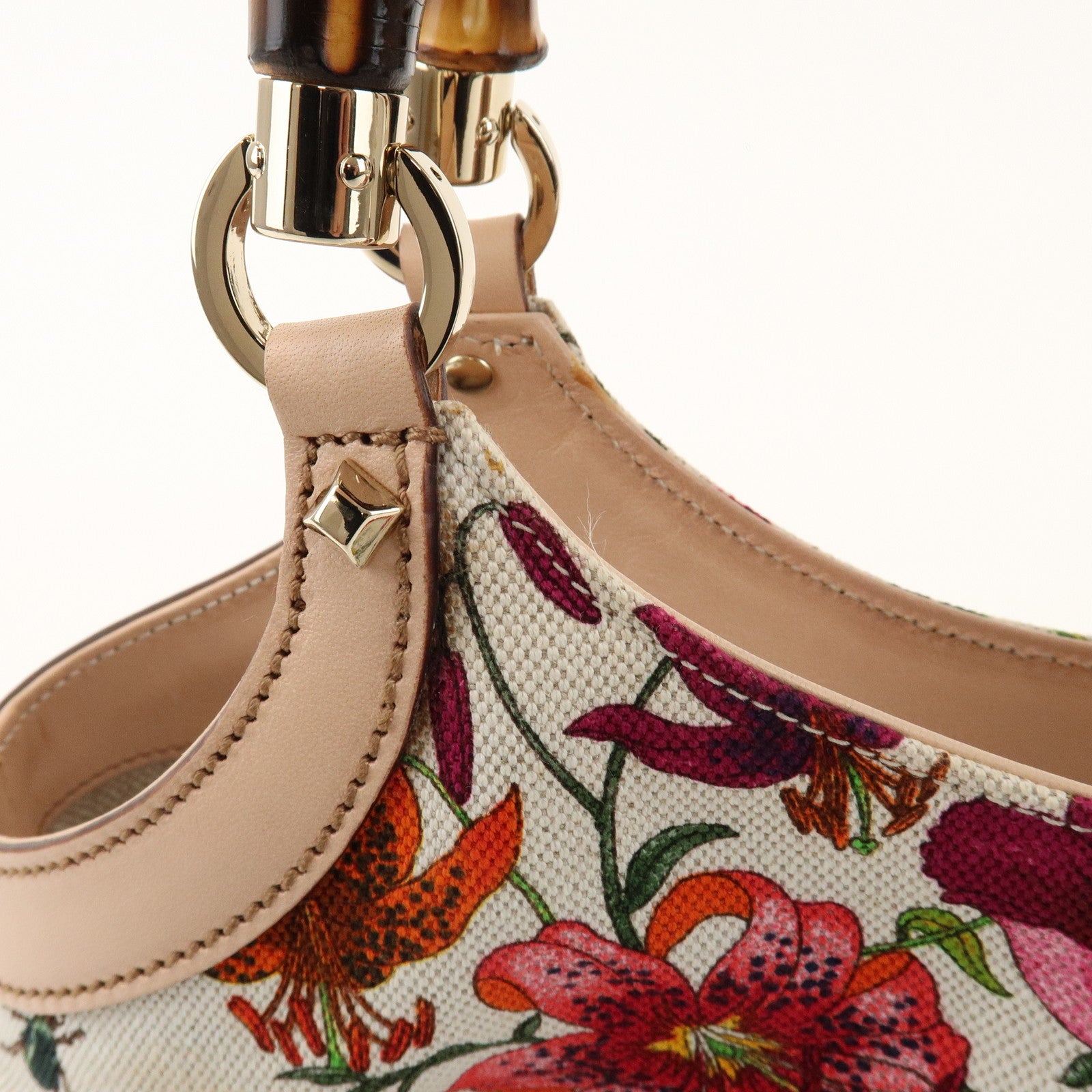 GUCCI Bamboo Flora Canvas Leather Hand Bag Multicolor Beige 137395