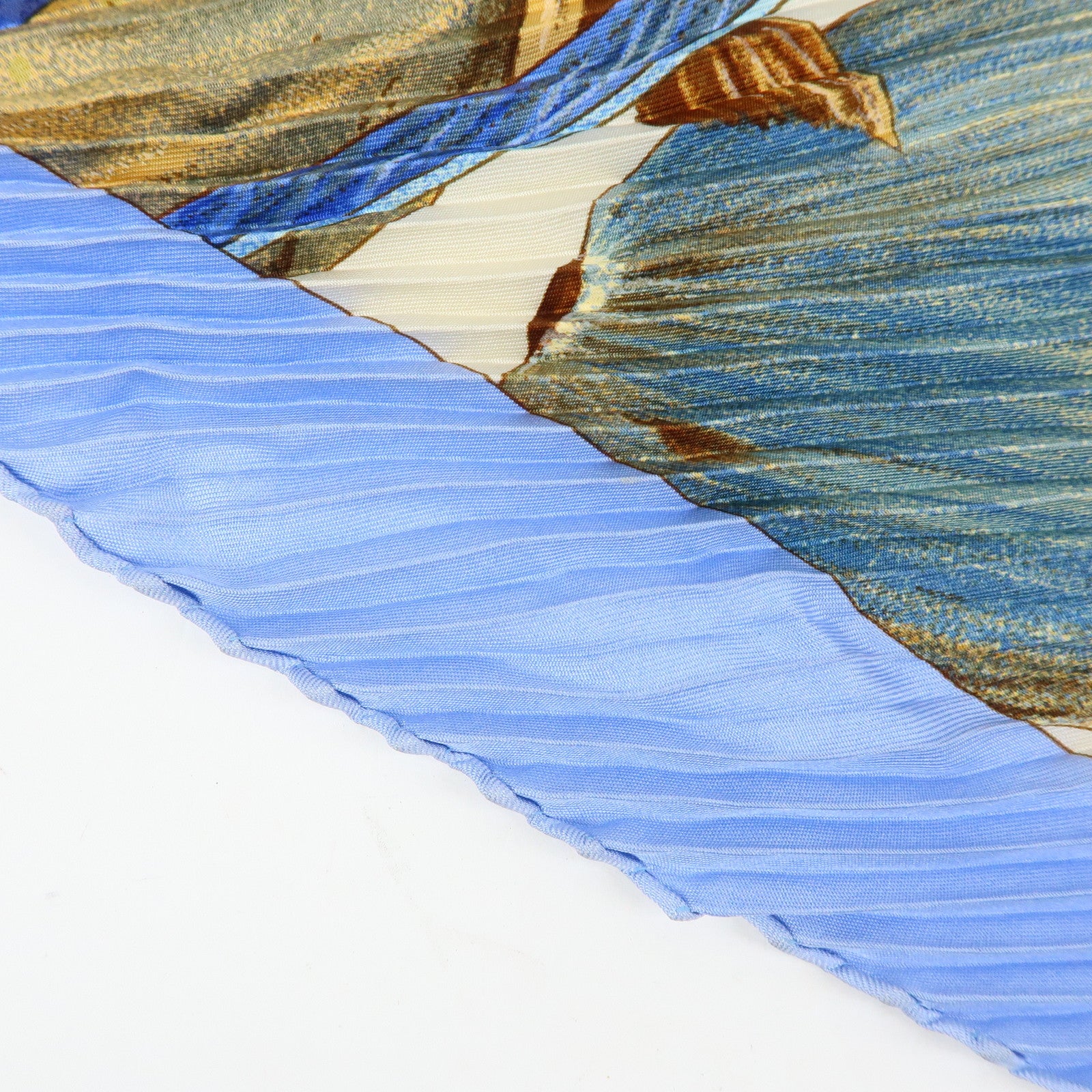 HERMES Pleated Carre 90 Silk 100% Scarf Jardin Creole Light Blue