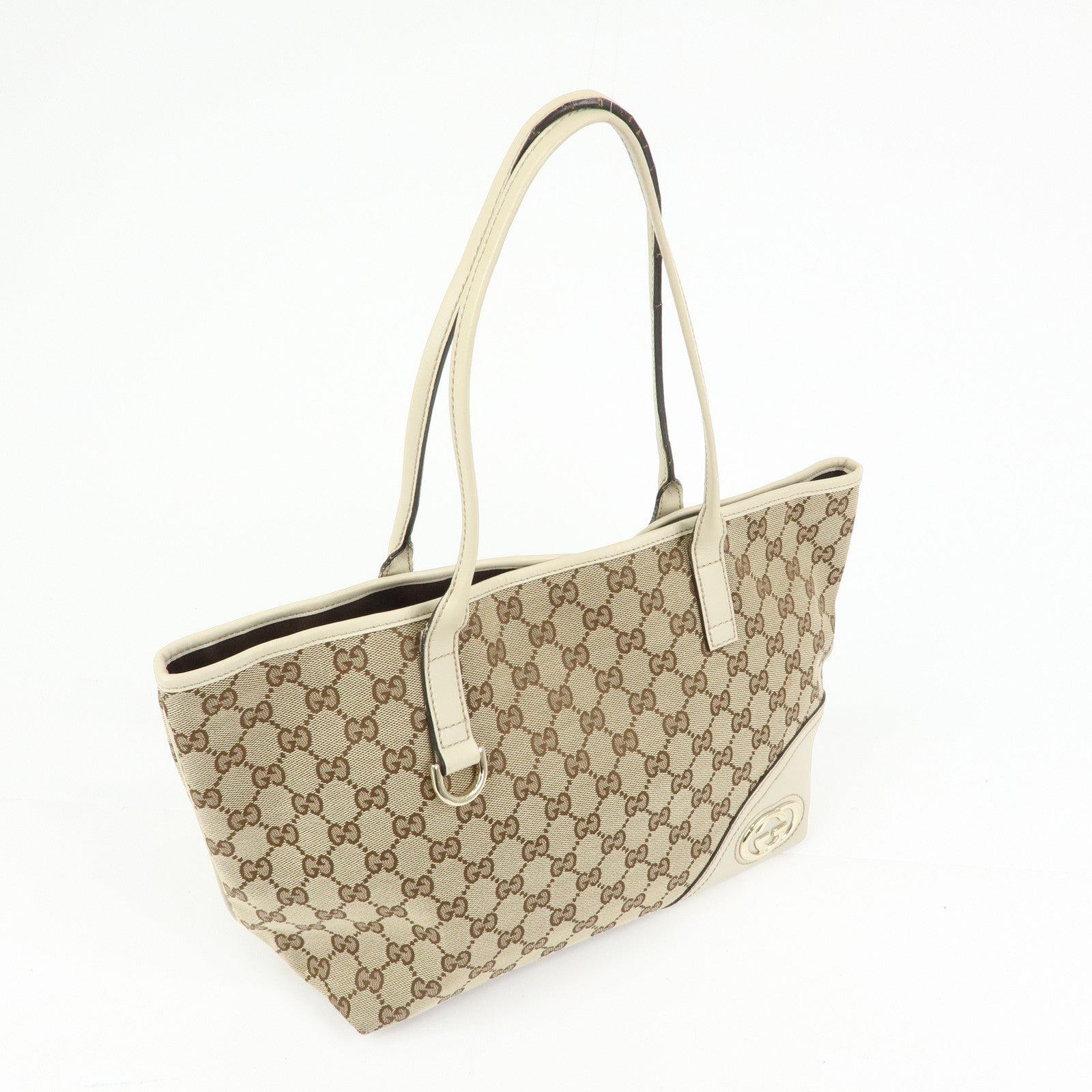 GUCCI Interlocking G GG Canvas Leather Tote Bag Beige White 169946