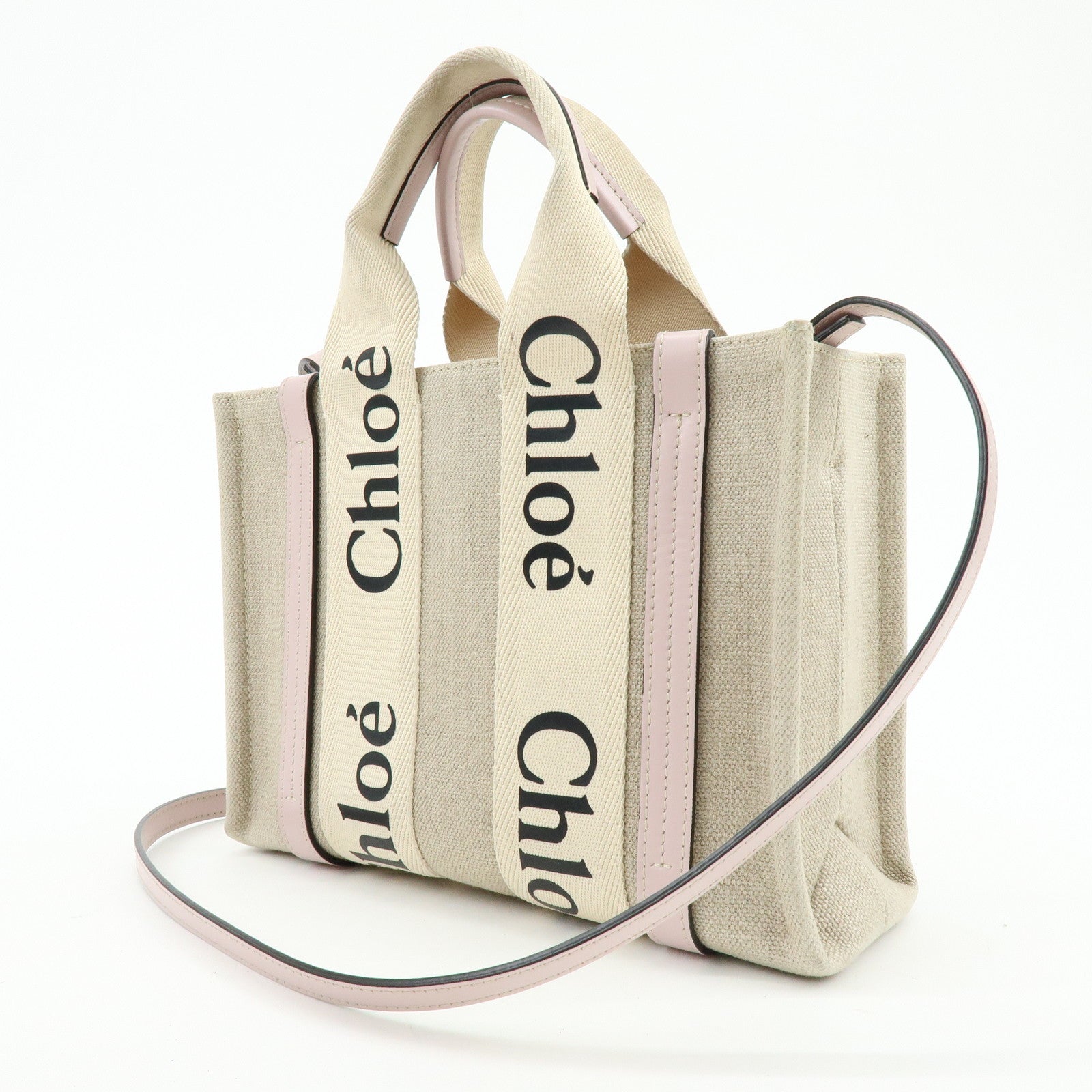 Chloe Woody Canvas Leather 2Way Bag Shoulder Bag Natural Pink