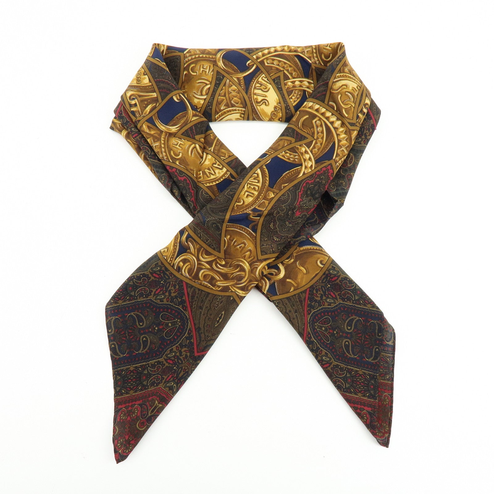 CHANEL Silk 100% Scarf Paisley Pattern Brown Multicolor