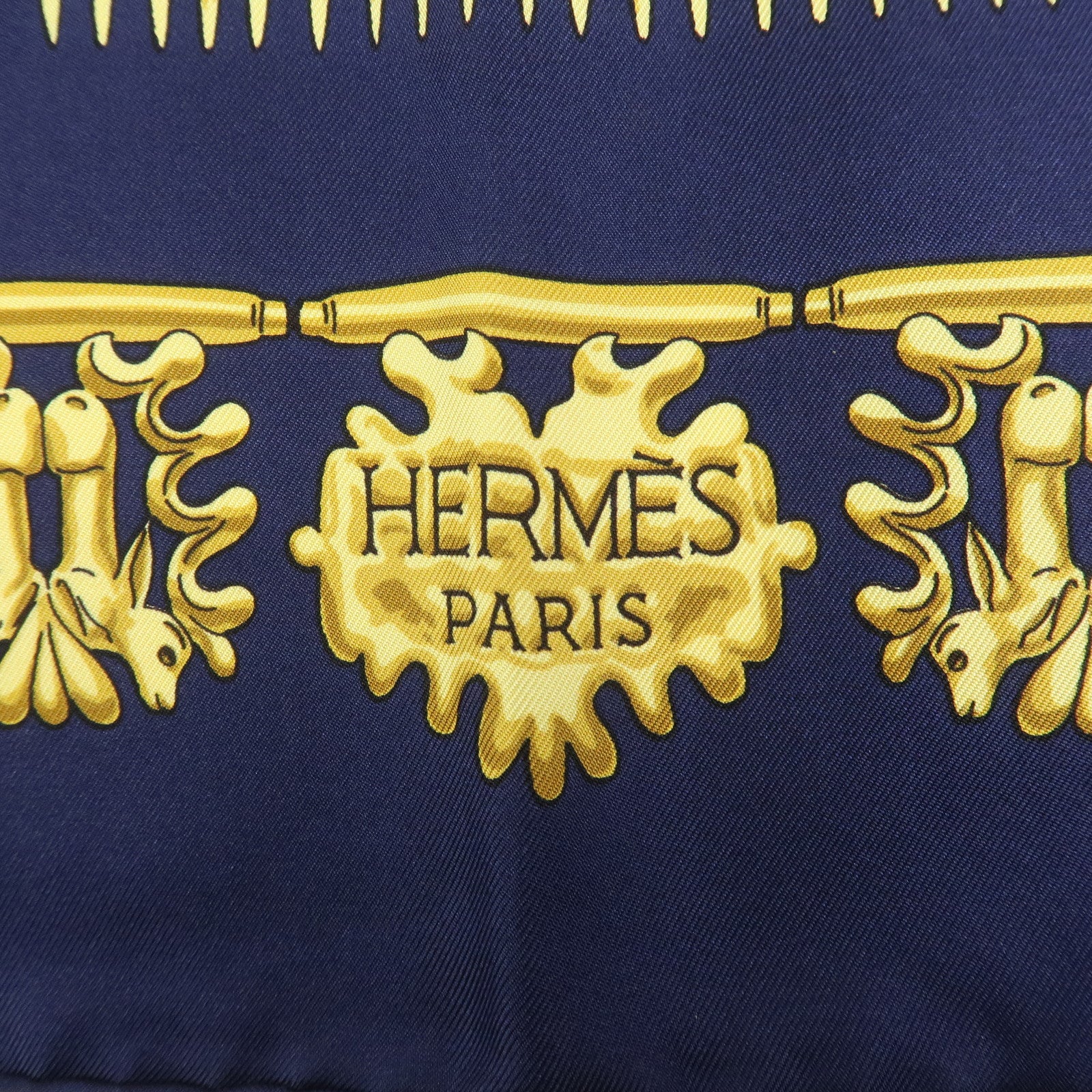 HERMES Carre 90 Silk 100% Scarf LES CAVALIERS D'OR Navy Gold