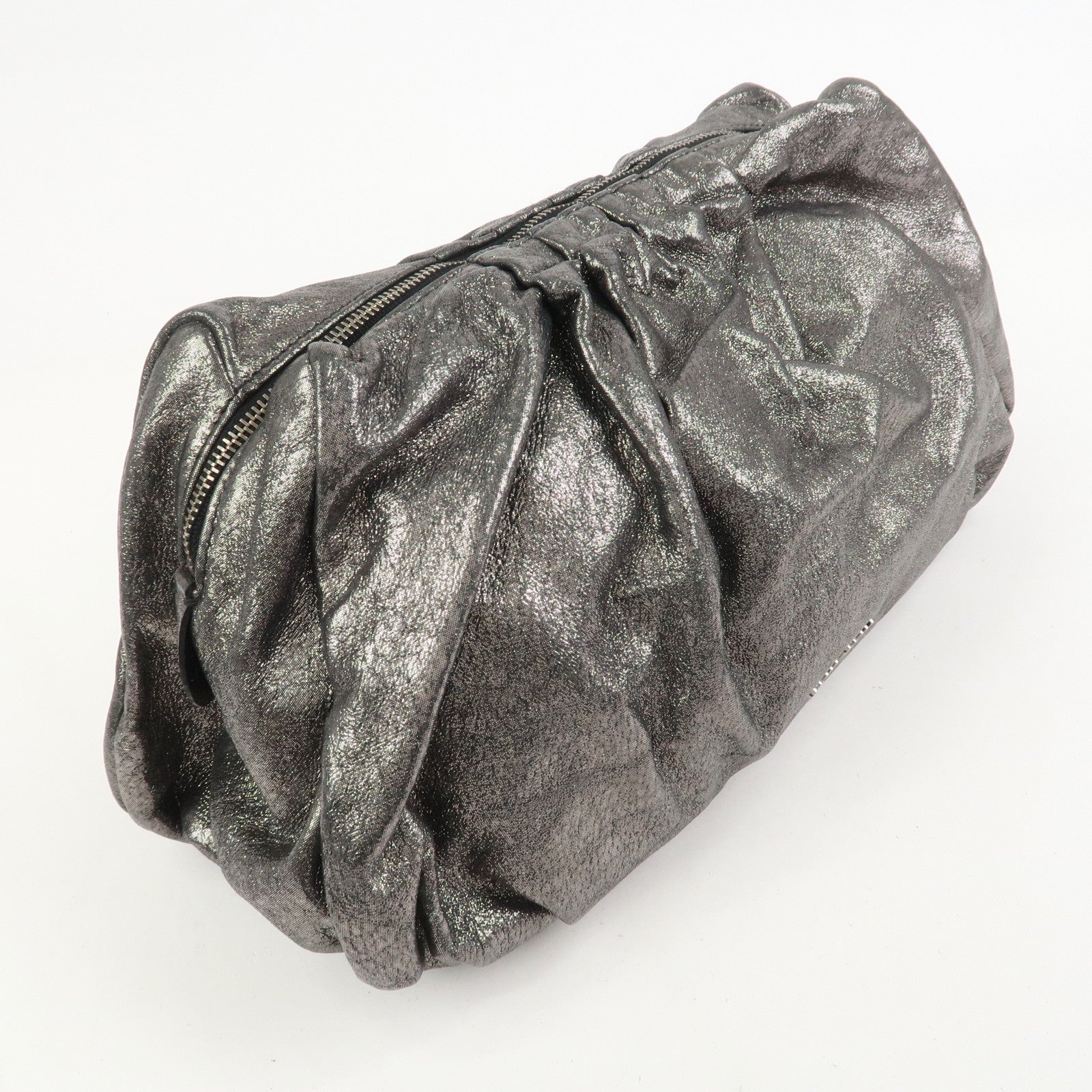 MIU MIU Logo Leather Clutch Bag Accessory Pouch Metallic Gray