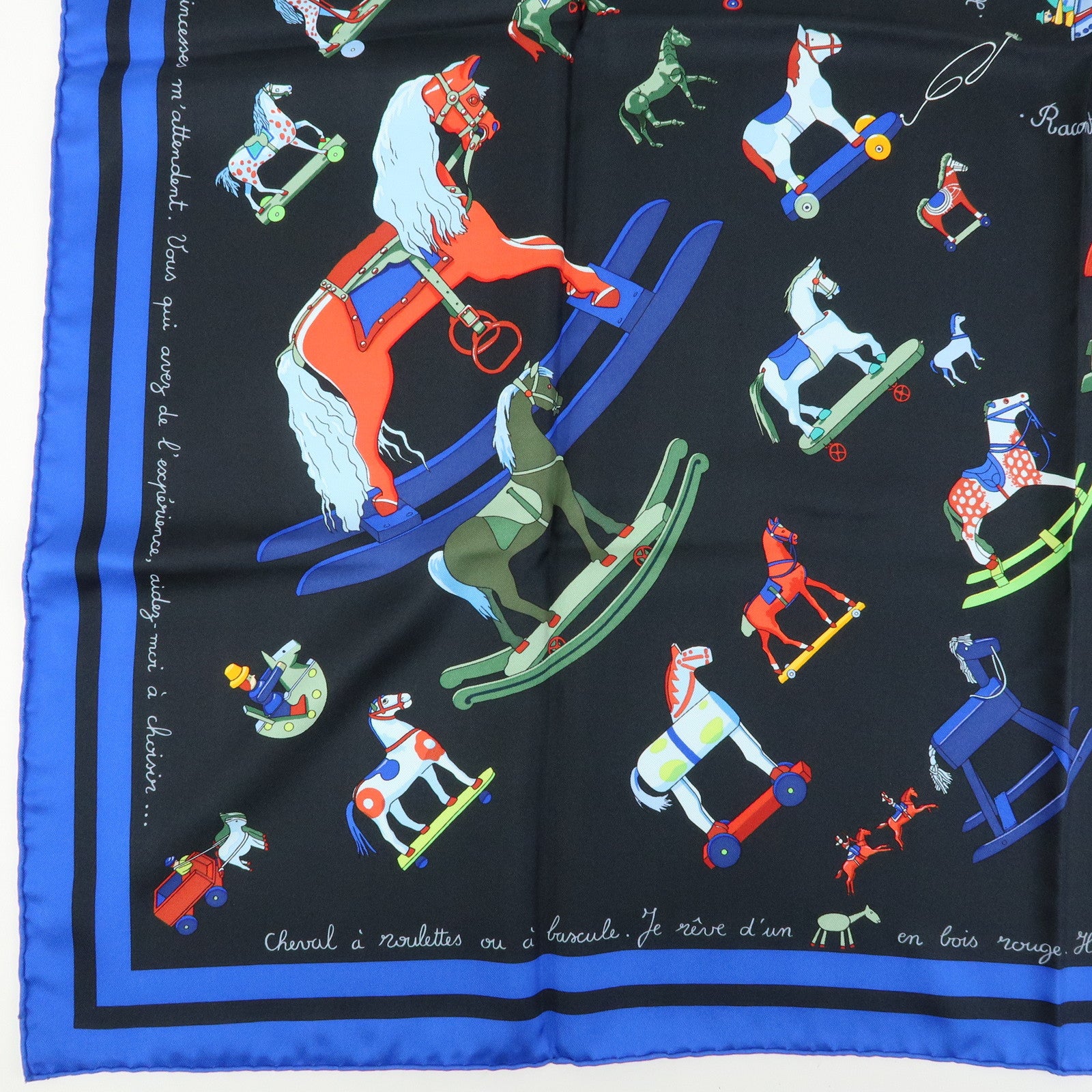HERMES Carre 90 Silk 100% Scarf Raconte Moi le Cheval Black Blue