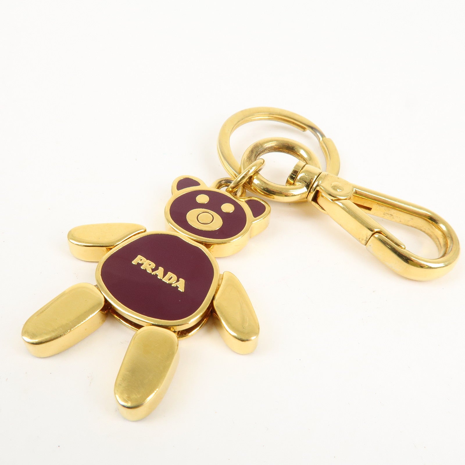 PRADA Bear Motif Bag Charm Key Chain Burgundy Gold Used