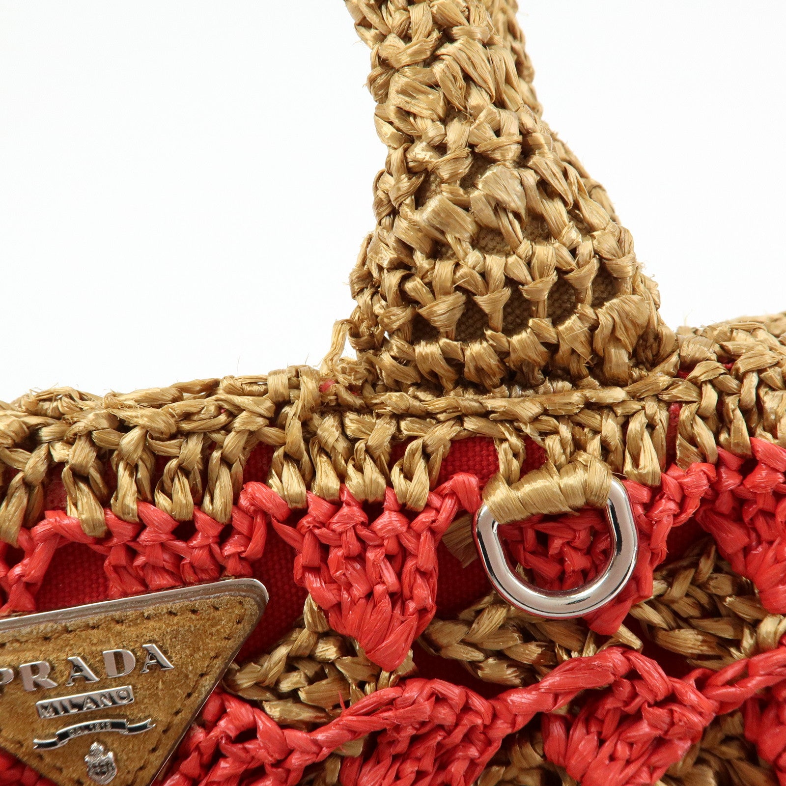 PRADA Triangle Logo Raffia 2Way Bag Hand Bag Shoulder Bag Red Brown