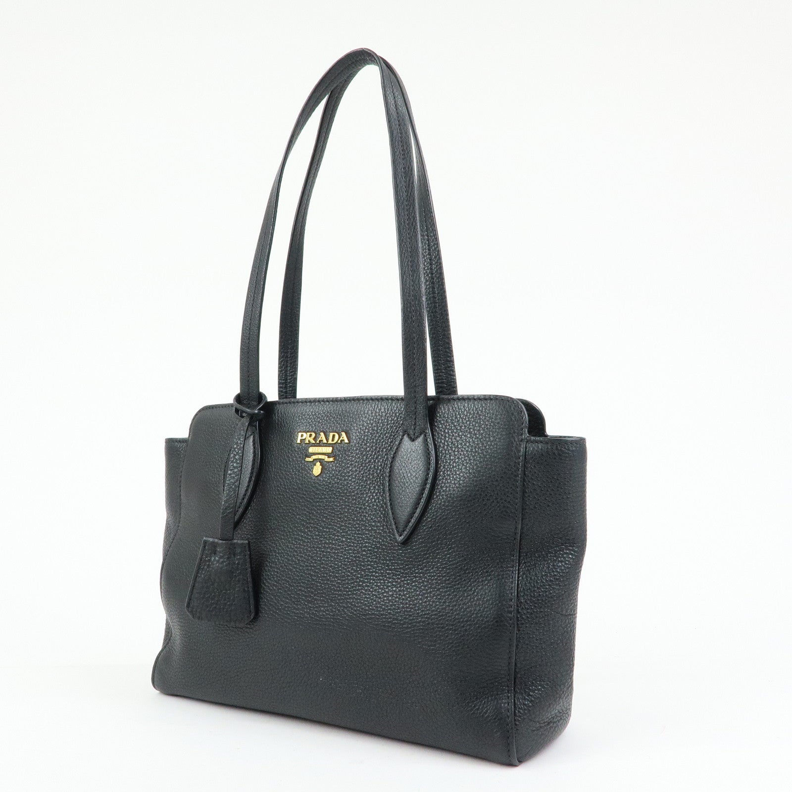PRADA Logo Grain Calf Leather Tote Bag Shoulder Bag Black 1BG112