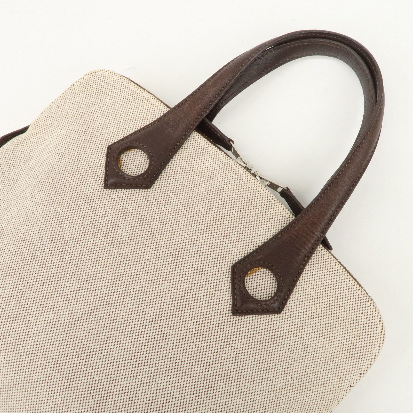 HERMES Leather Toile Ash Sac Eve MM J Engraved Hand Bag Natural