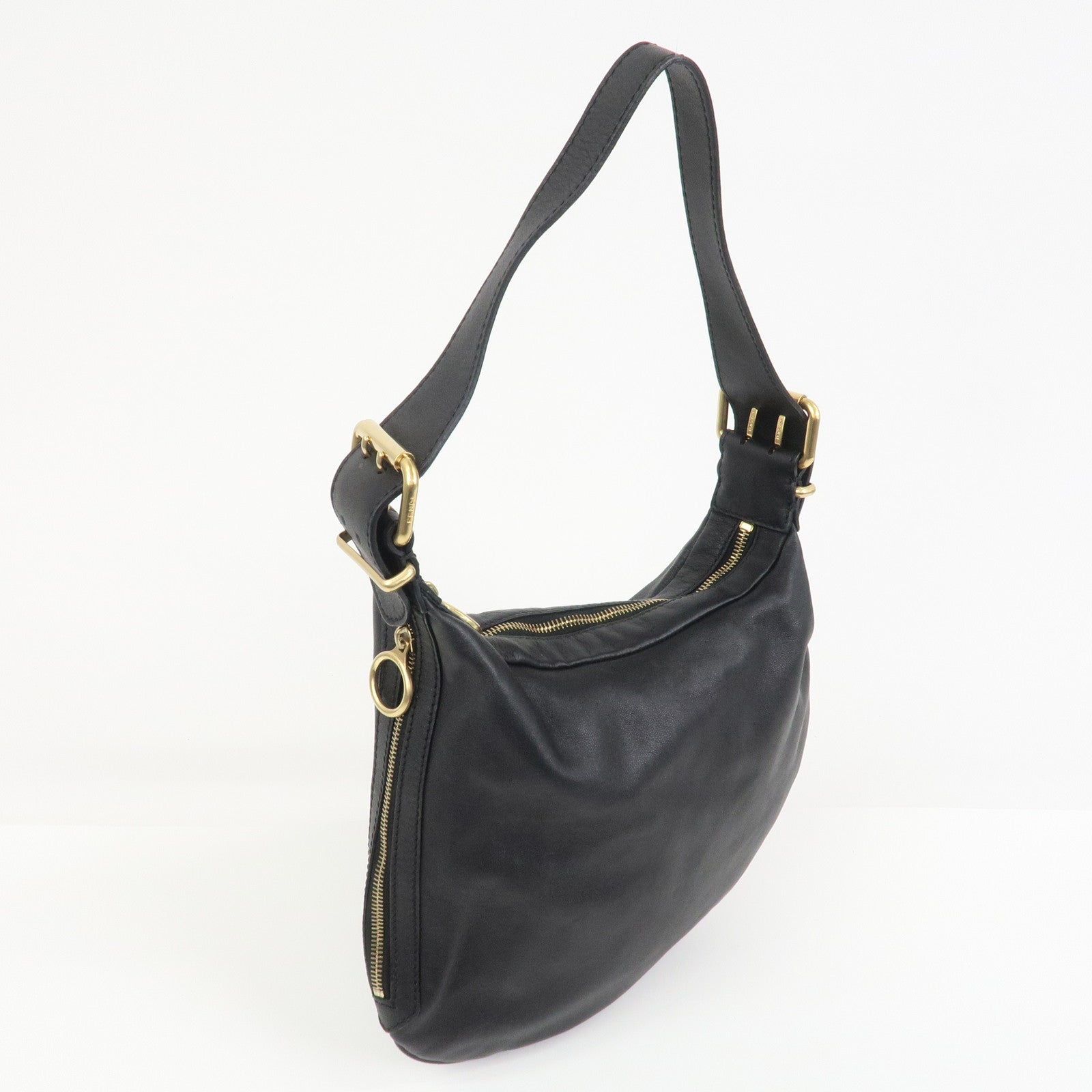 FENDI Logo Leather Shoulder Bag Hand Bag Black 8BR228