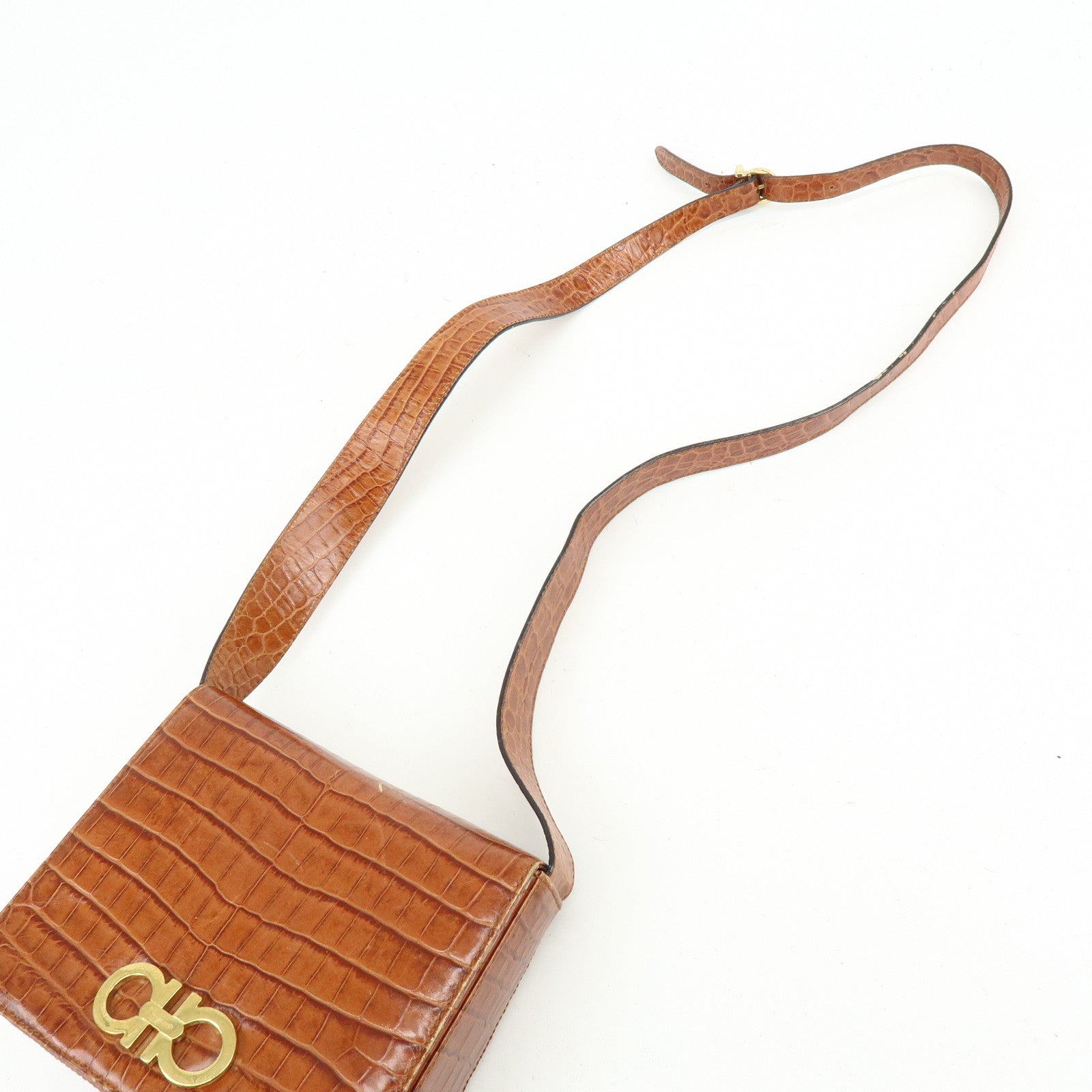 Ferragamo Gancini Embossed Leather Shoulder Crossbody Bag Brown