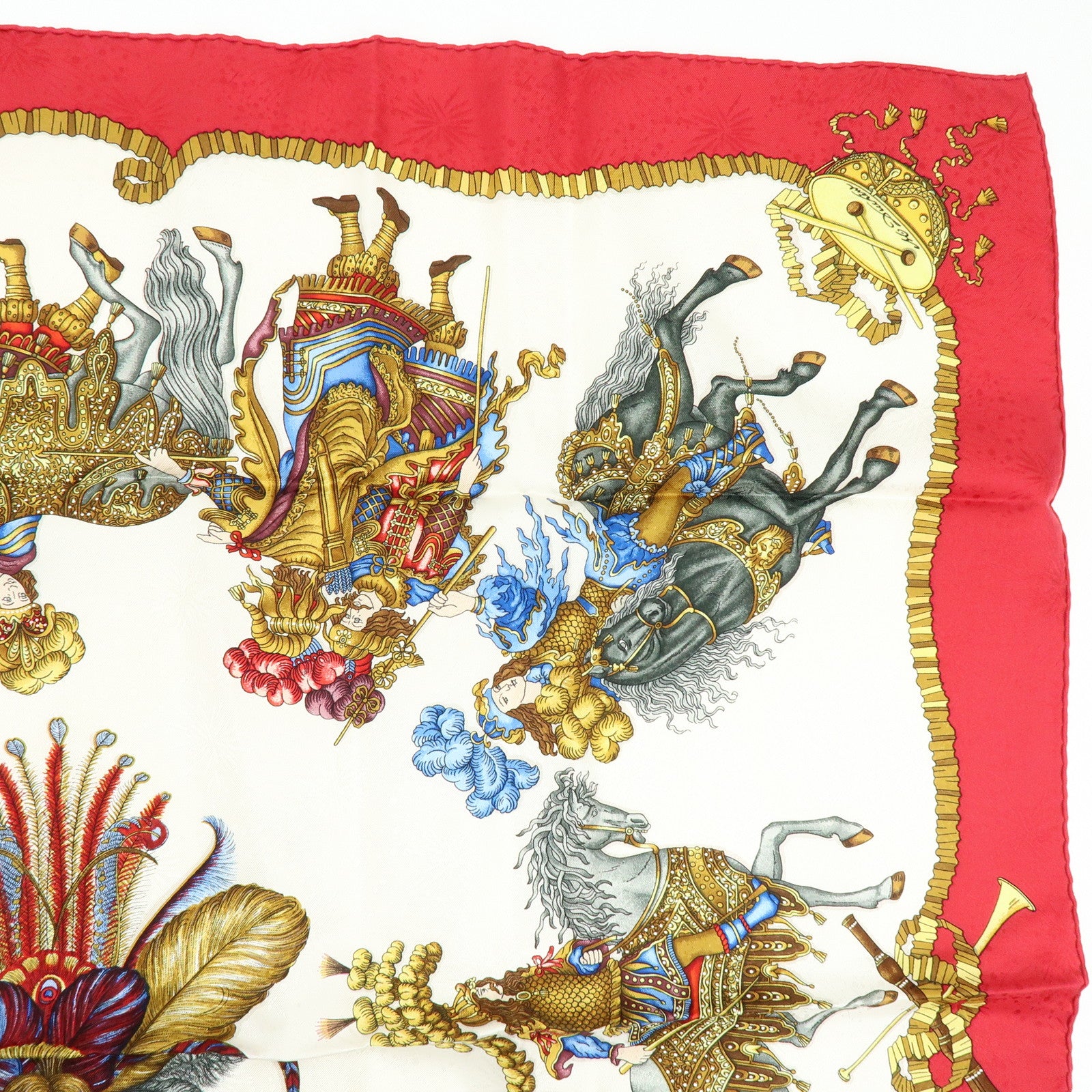 HERMES Carre 90 Silk 100% Scarf LES FERES DU ROI SOLEIL Red Gold
