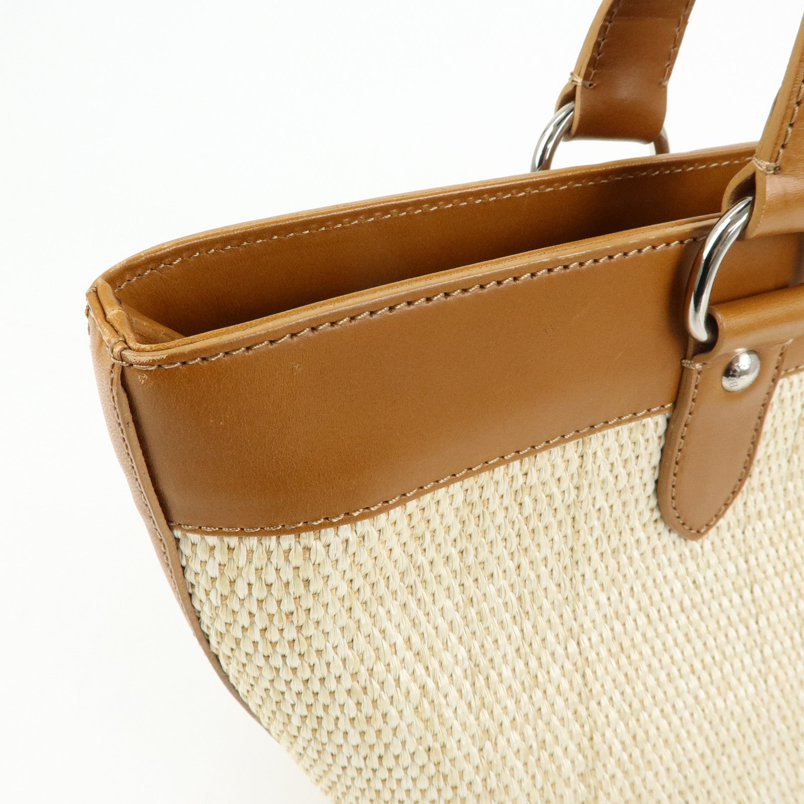 BURBERRY Straw Canvas Leather Tote Bag Shoulder Bag Natural Brown