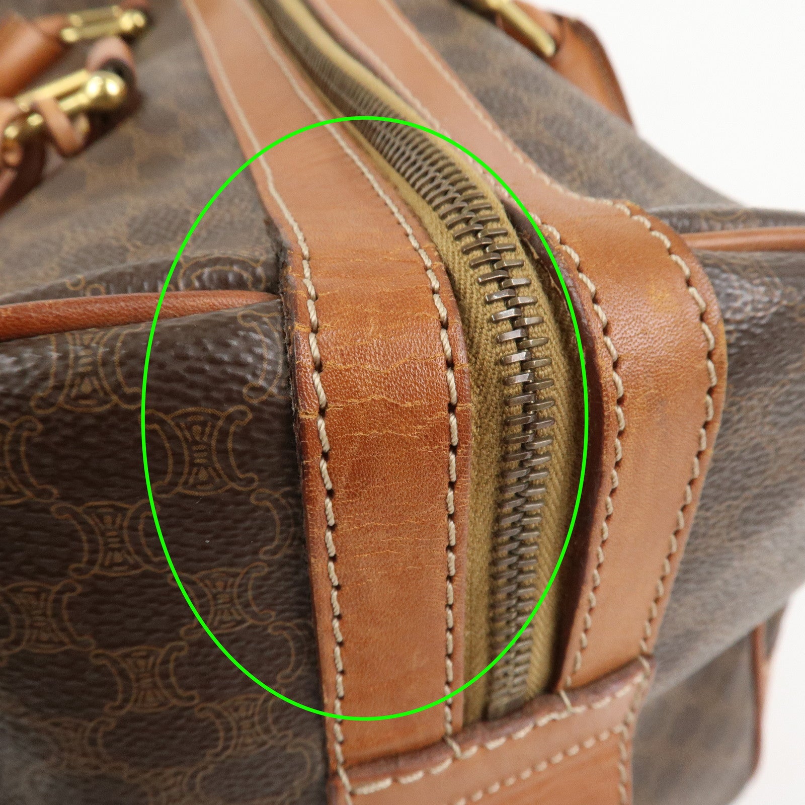 CELINE Macadam PVC Canvas Leather Boston Bag Hand Bag Brown