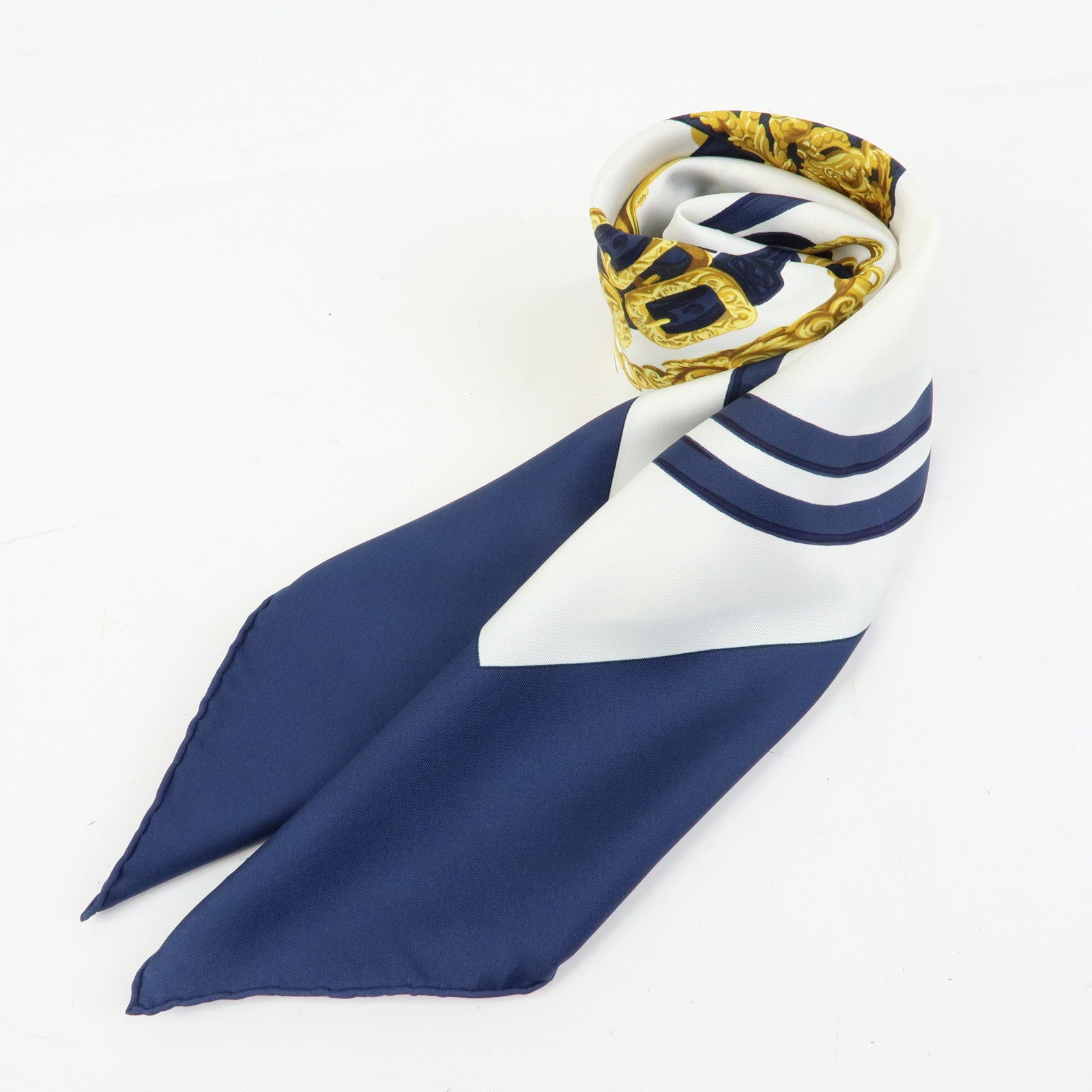 HERMES Carre 90 Silk 100% Scarf BRIDES DE GALA Navy Gold