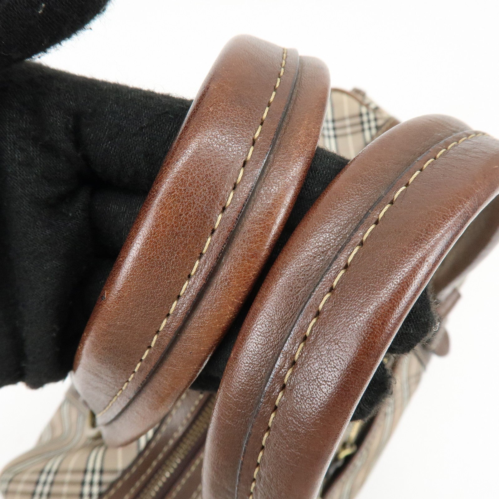 BURBERRY Blue Label Canvas Leather Plaid Hand Bag Boston Bag Brown