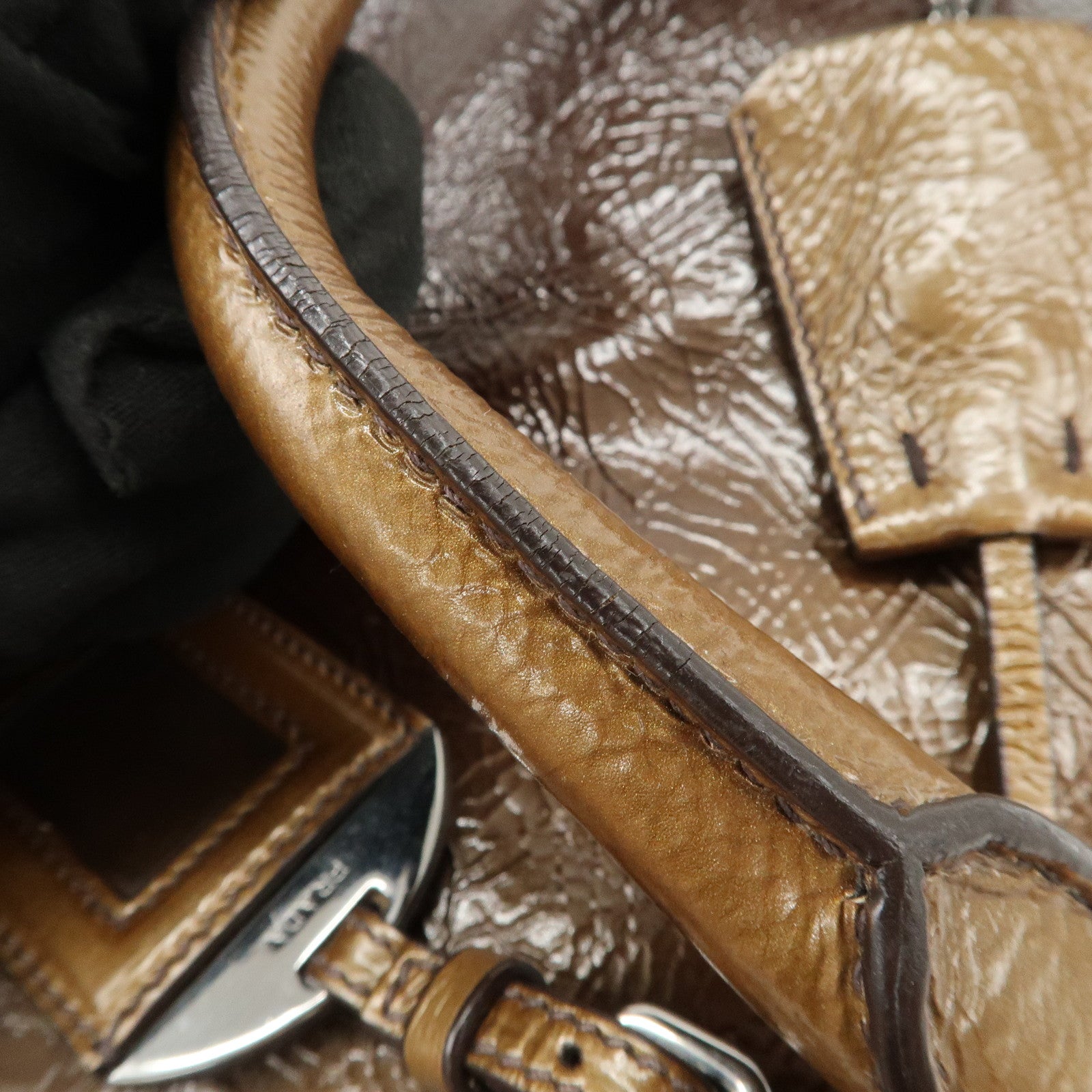 PRADA Logo Patent Leather Hand Bag Boston Bag Brown BL0555