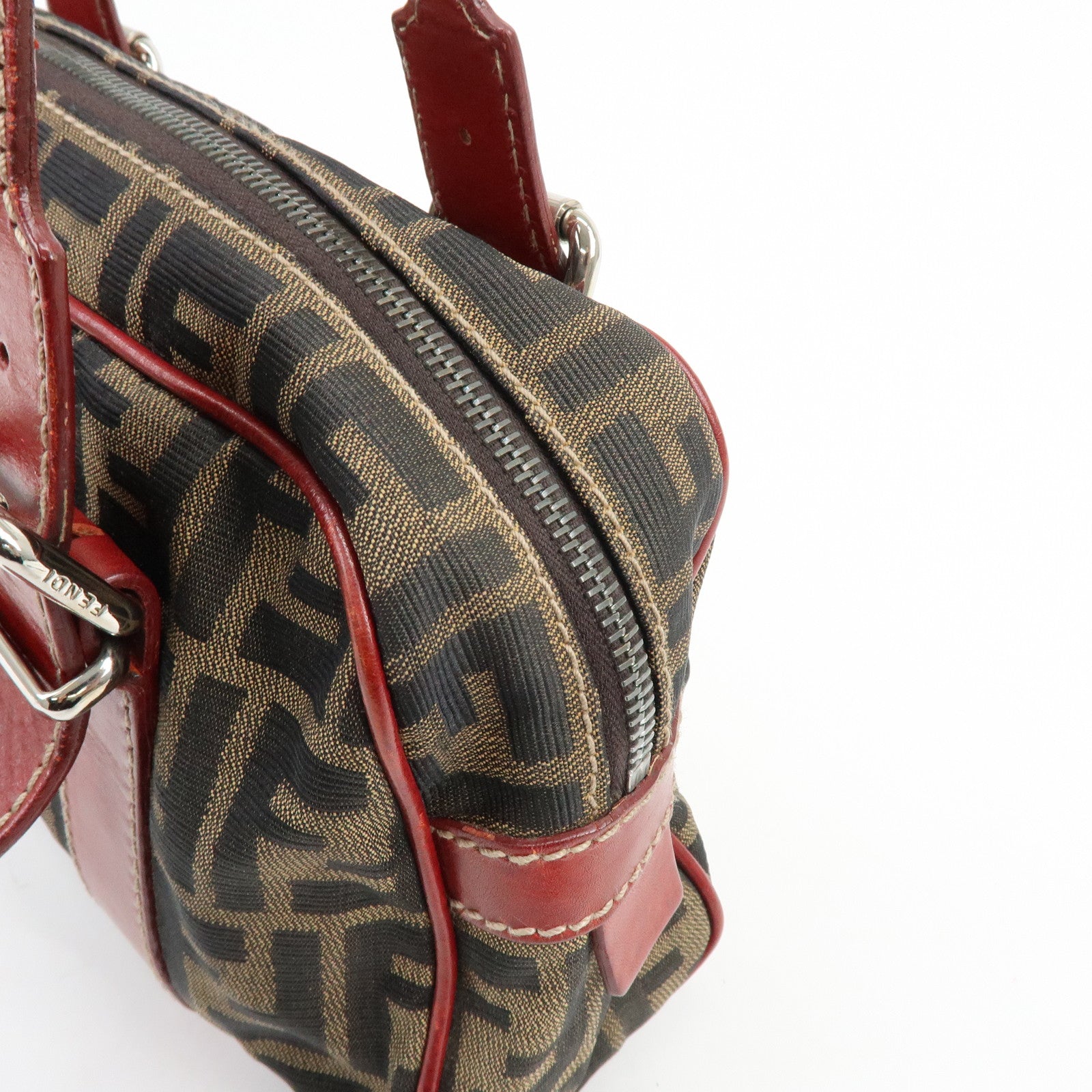 FENDI Zucca Canvas Leather Mini Boston Hand Bag Brown Red 8BR119
