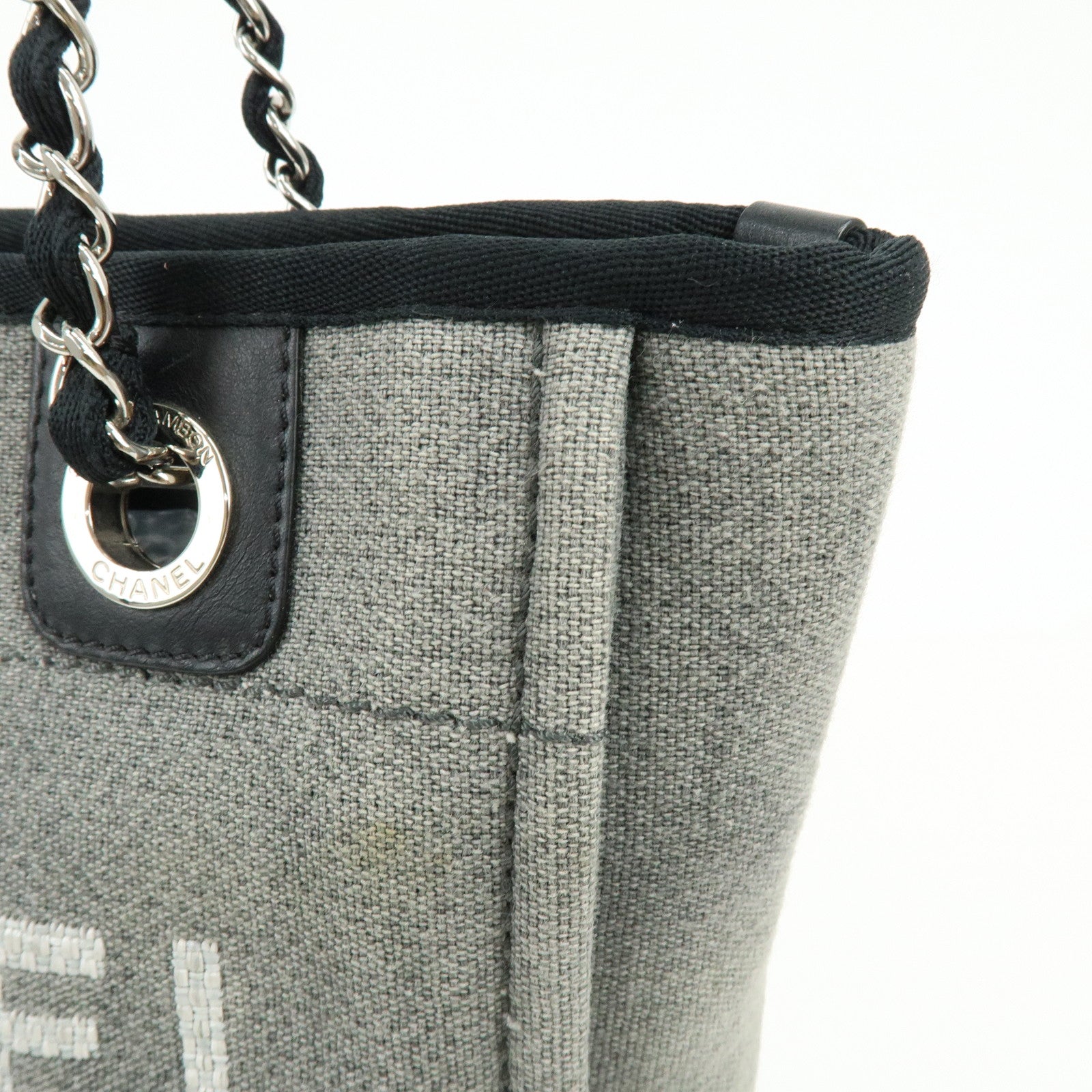 CHANEL Deauville PM Canvas Leather Chain Tote Bag Grey A66939