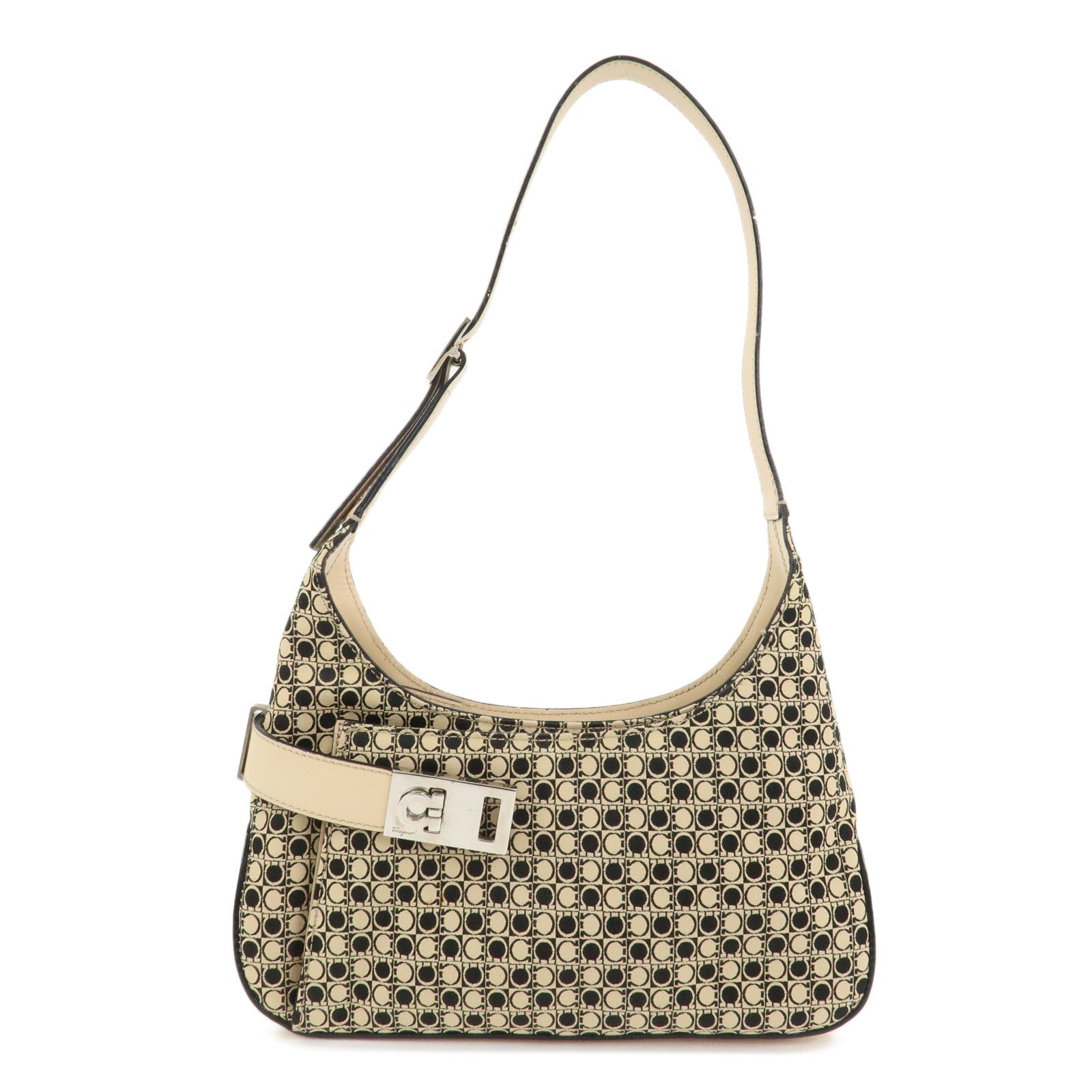 Ferragamo Gancini Canvas Leather Shoulder Bag Hand Bag Beige Black