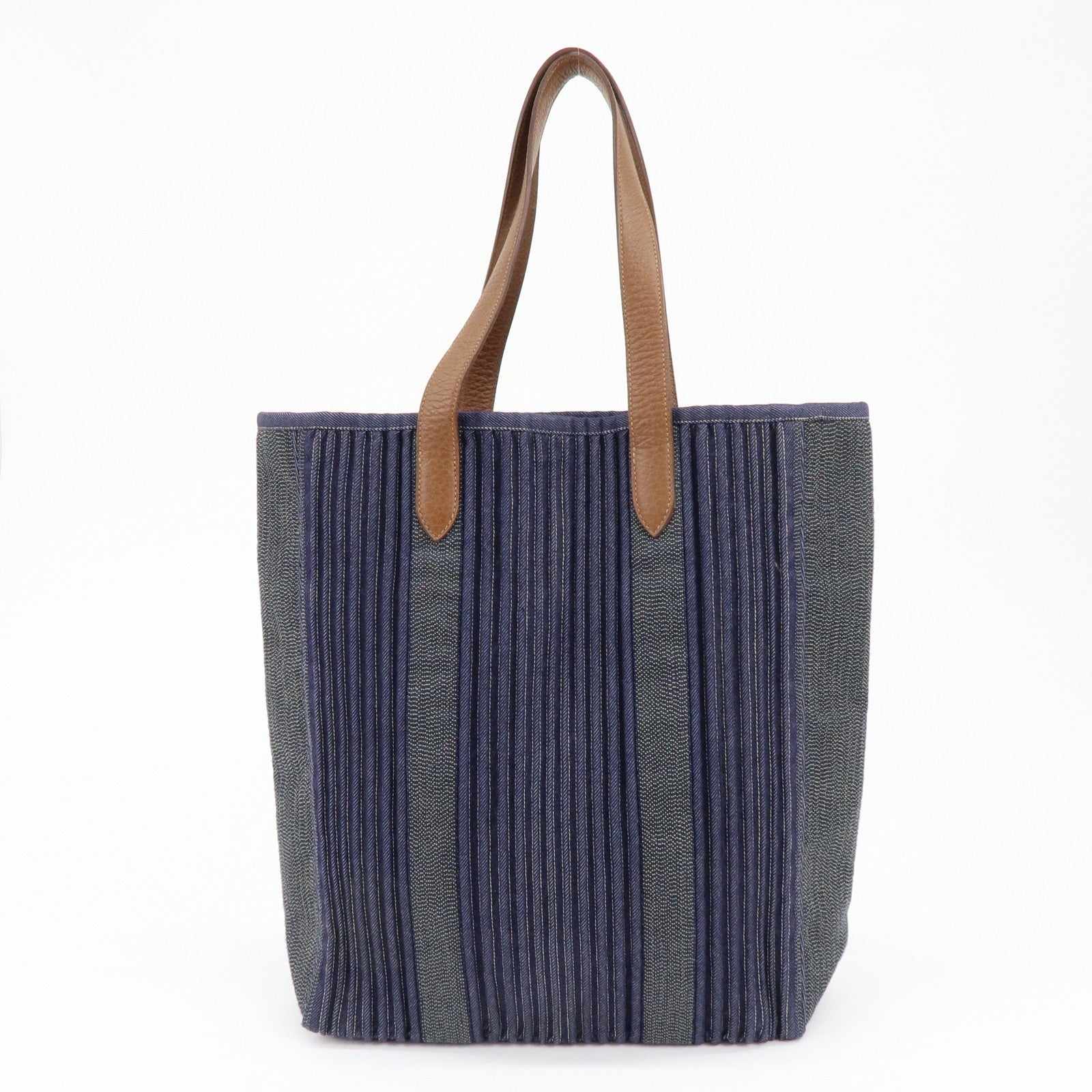 HERMES Calicut Canvas Leather Tote Bag L Stamped Navy Brown