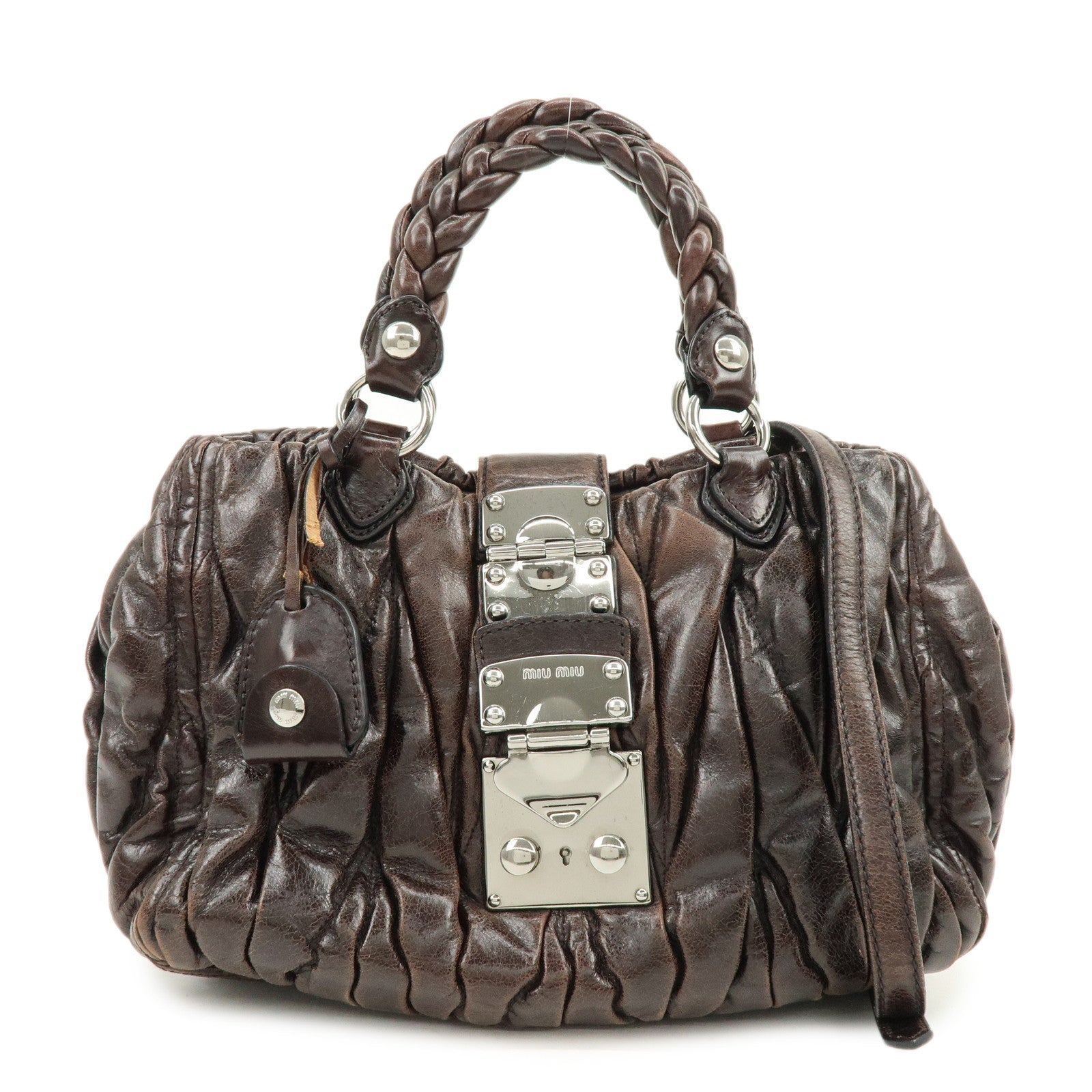 MIU MIU Matelasse Leather 2Way Bag Hand Bag Shoulder Bag Dark Brown