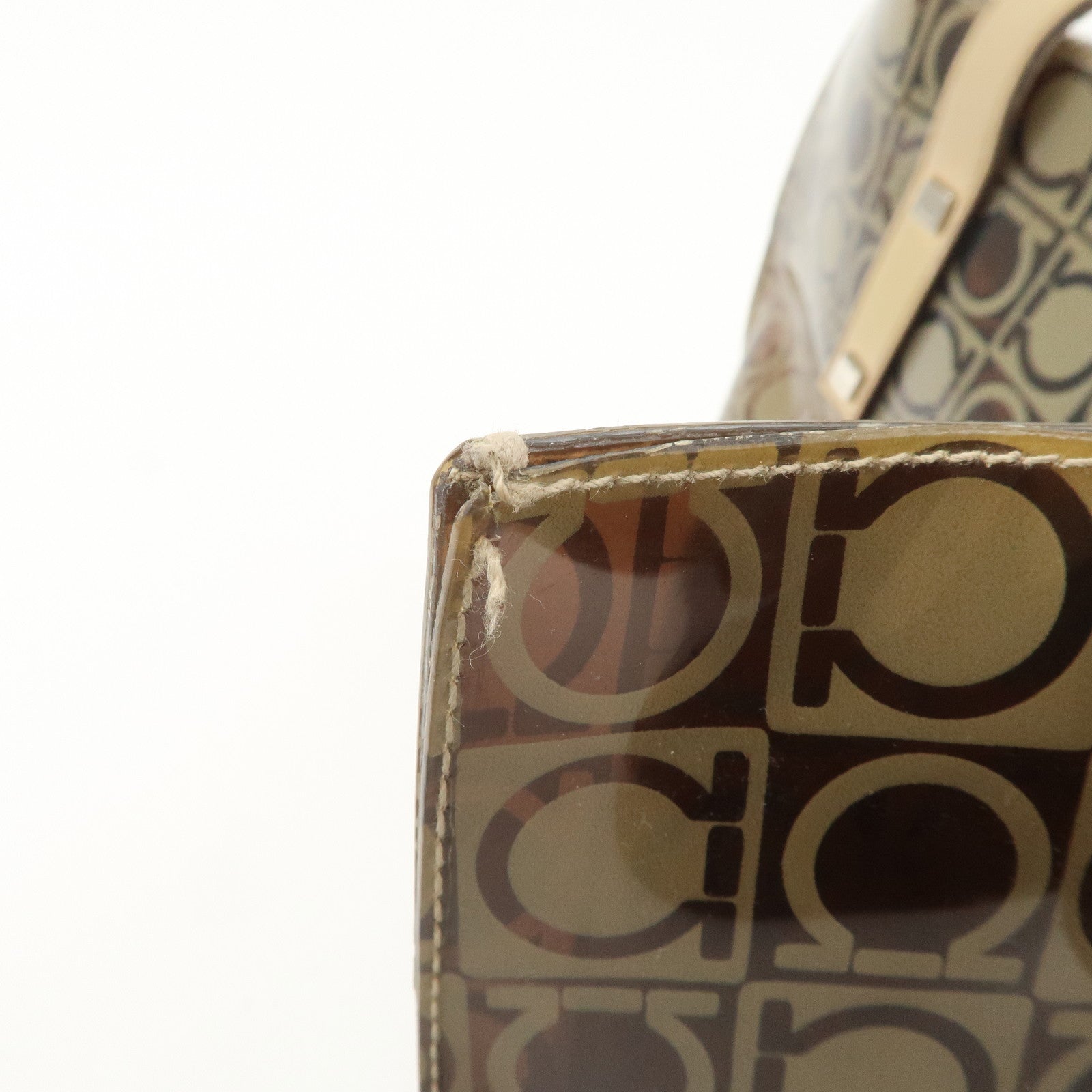 Ferragamo Gancini Vinyl Tote Bag Hand Bag Beige Khaki Silver HDW Used