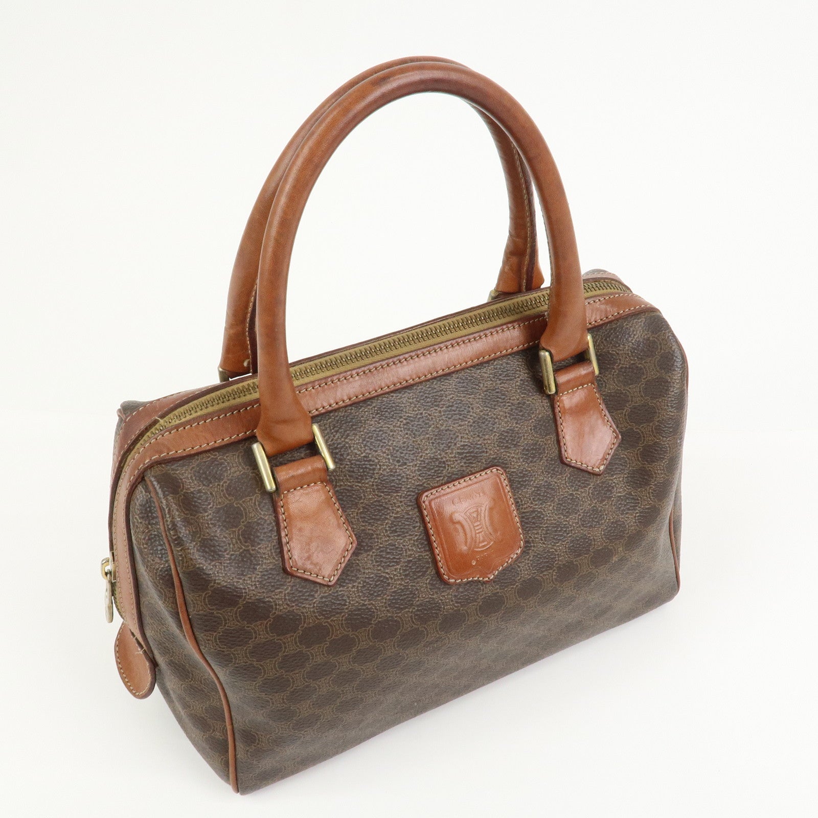 CELINE Macadam PVC Canvas Leather Boston Bag Hand Bag Brown