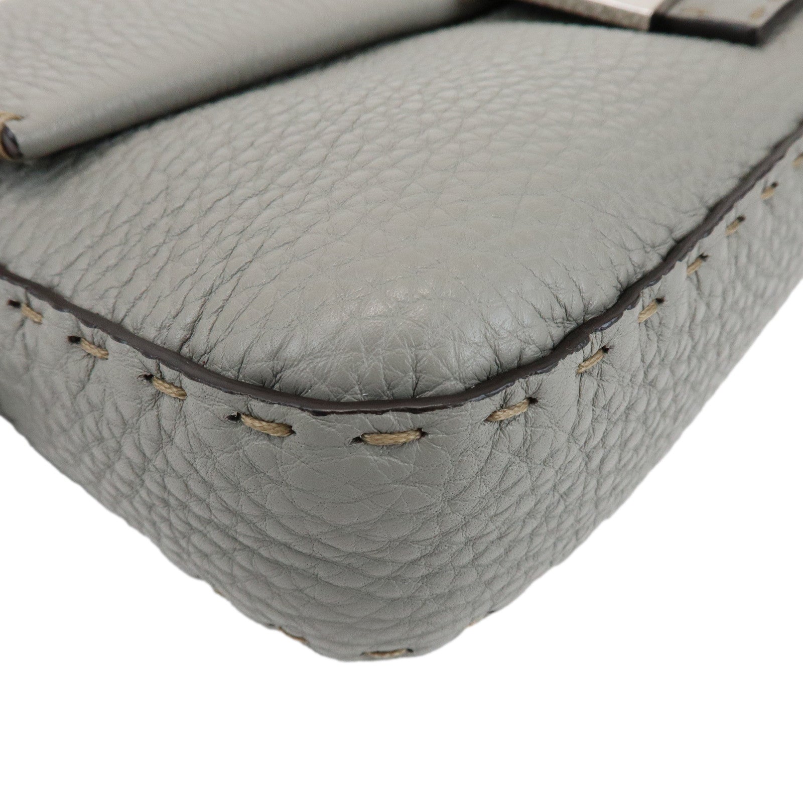 FENDI Mamma Baguette Selleria Leather Shoulder Bag Gray 8BR600