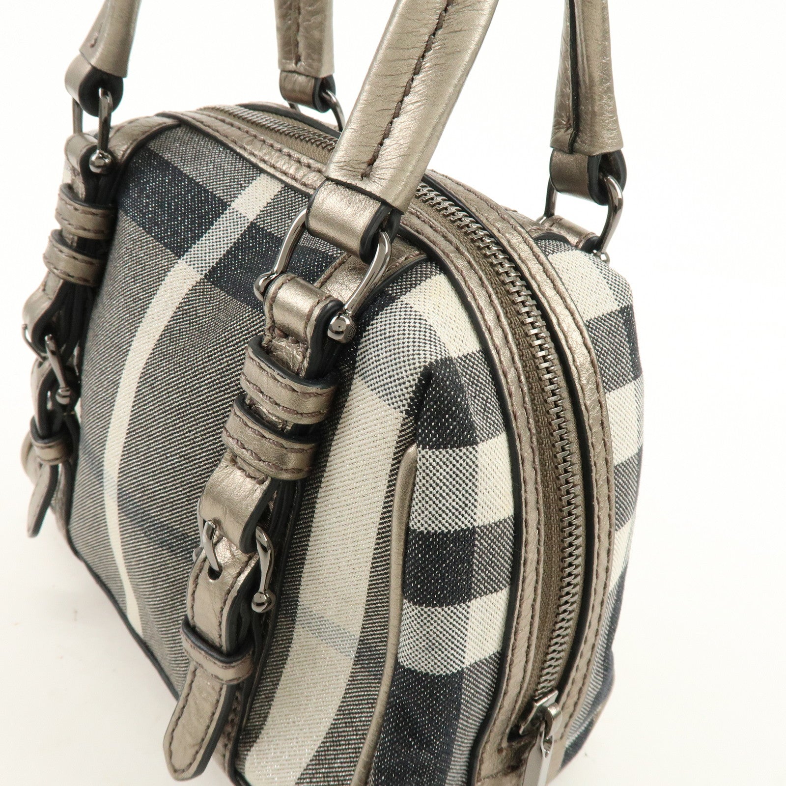BURBERRY Plaid Canvas Leather Hand Bag Gray Champagne Gold