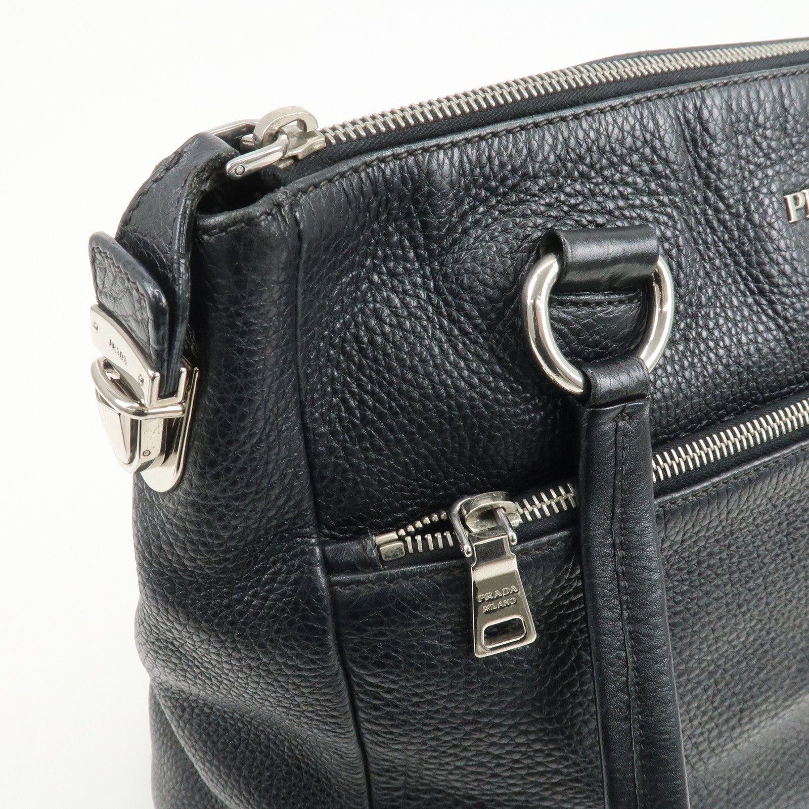 PRADA Logo Leather Shoulder Bag Hand Bag Tote Bag Black