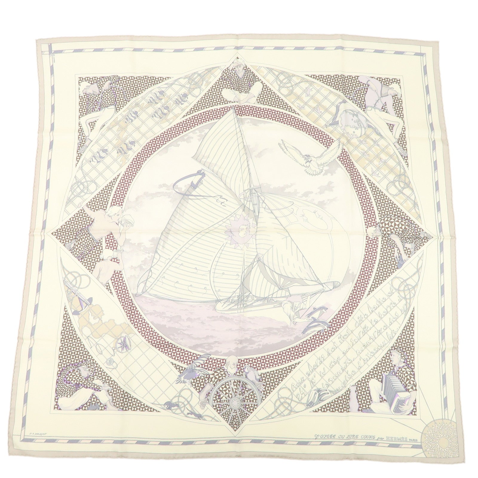 HERMES Carre 90 Silk 100% Scarf VOYAGE au LONGCOURS Ivory Used