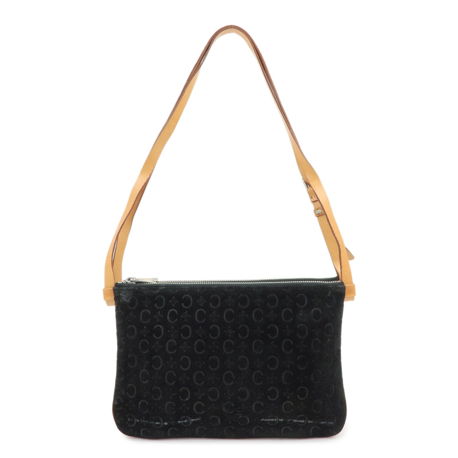 CELINE C Macadam Suede Leather Shoulder Bag Hand Bag Black Brown