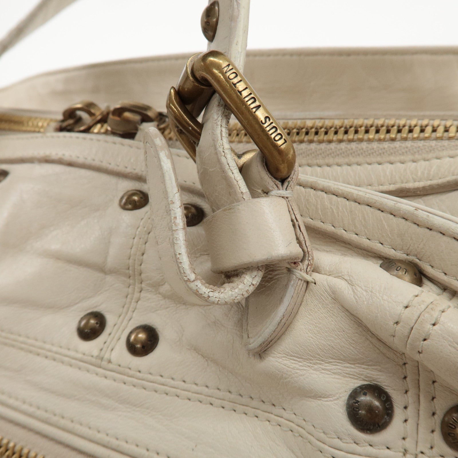 Louis Vuitton Cruise Line Leather Rivet Hand Bag Ecru M95345 Used