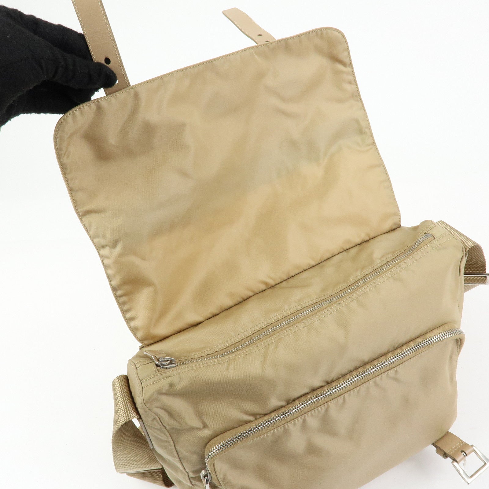 PRADA Triangle Logo Nylon Shoulder Bag Crossbody Bag Beige 1BD953