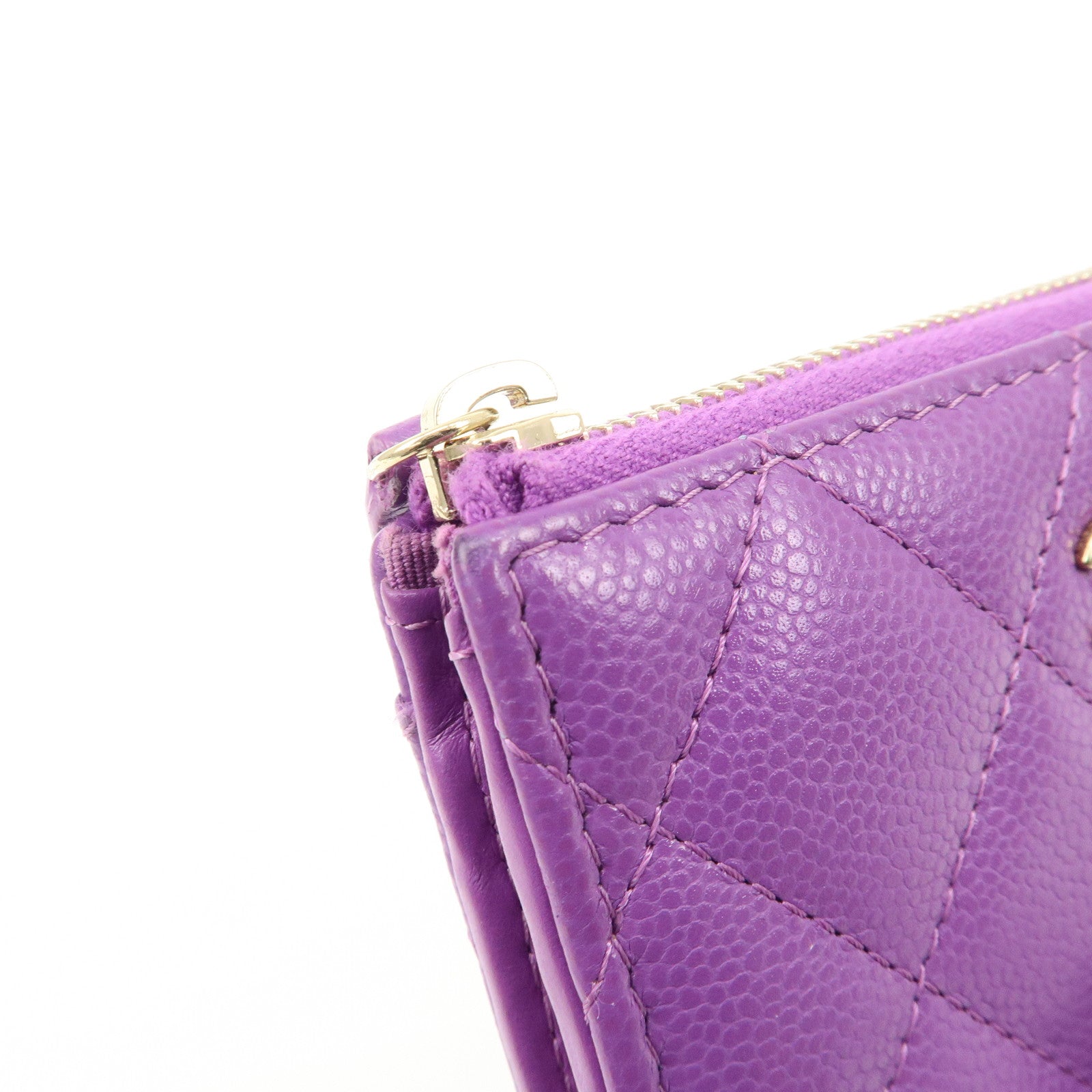 CHANEL Matelasse COCO Mark Caviar Skin Round Zippy Coin Purse Purple Used