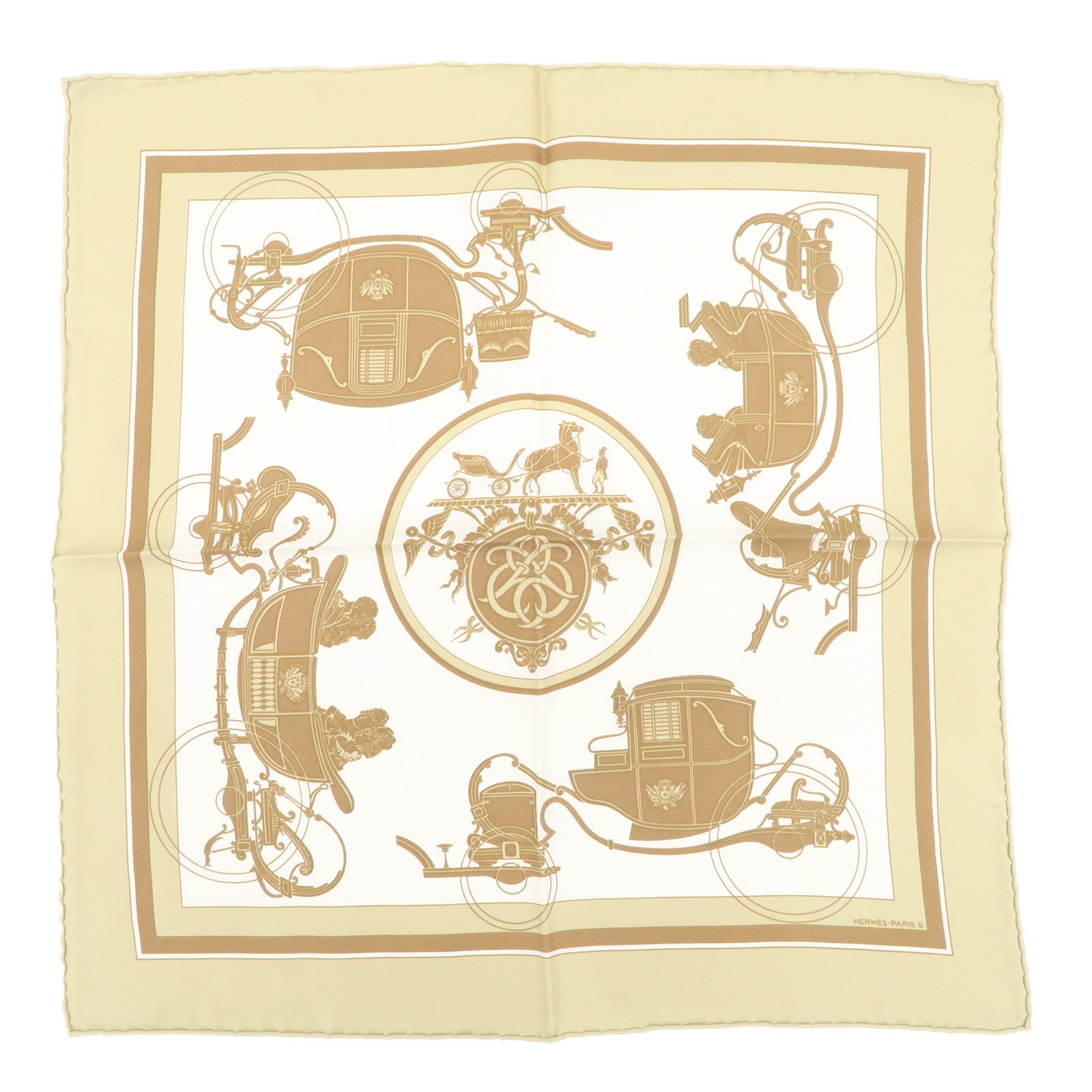 HERMES Carre 40 Silk 100% Scarf EX-LIBRIS Beige White
