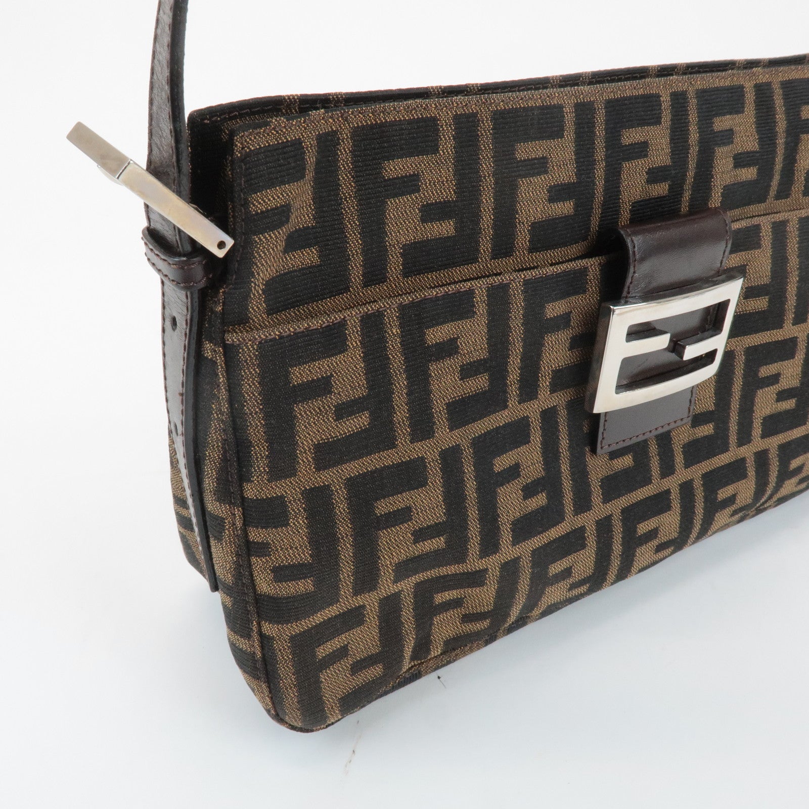 FENDI Zucca Canvas Leather Semi Shoulder Bag Black Brown 26566