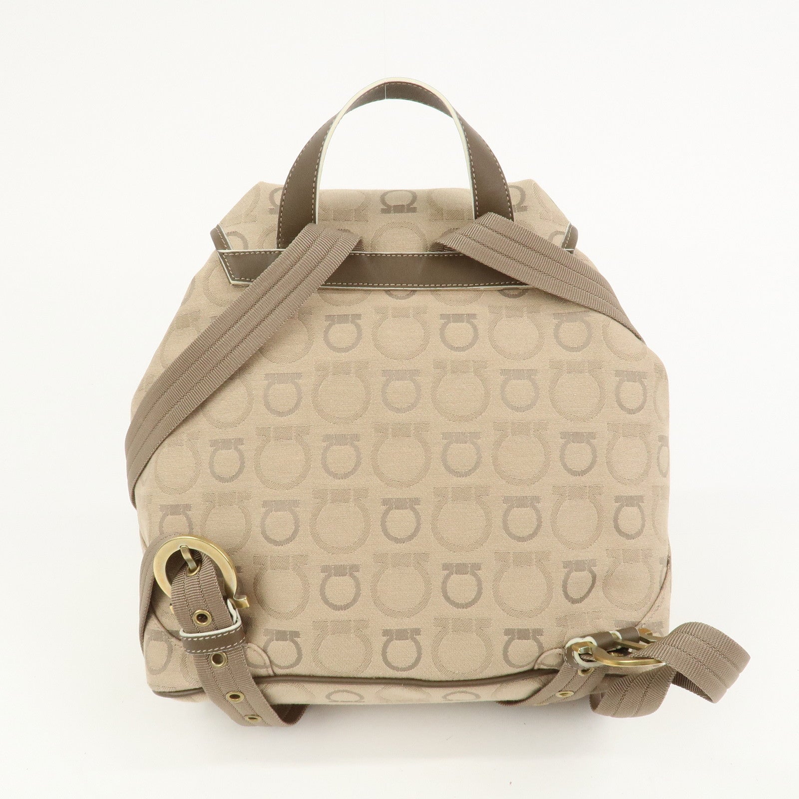 Ferragamo Gancini Canvas Leather Backpack Rucksuck Beige
