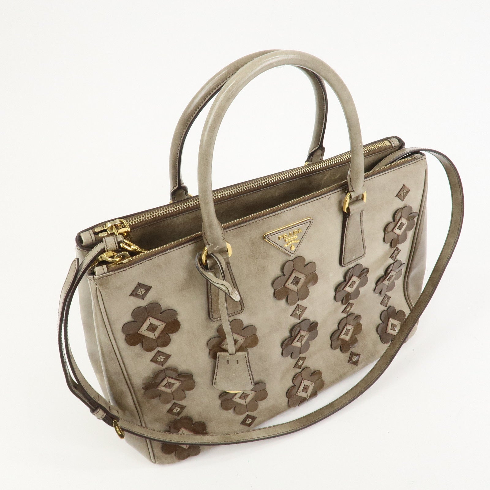 PRADA Patent Leather Flower Galleria 2Way Tote Bag Greige BB2274F