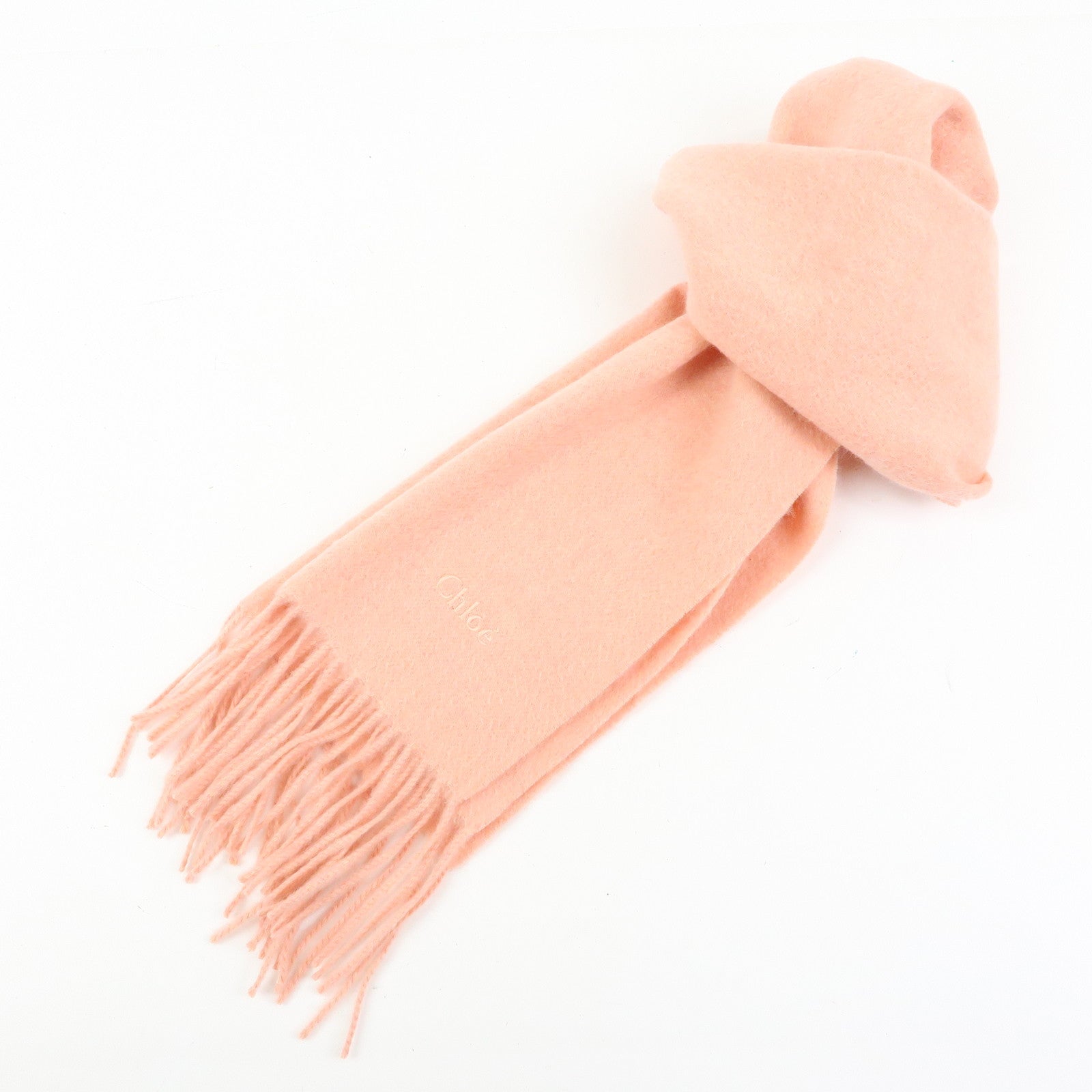 Chloe Cashmere 100% Stole Logo Embroidered Fringe Scarf Pink