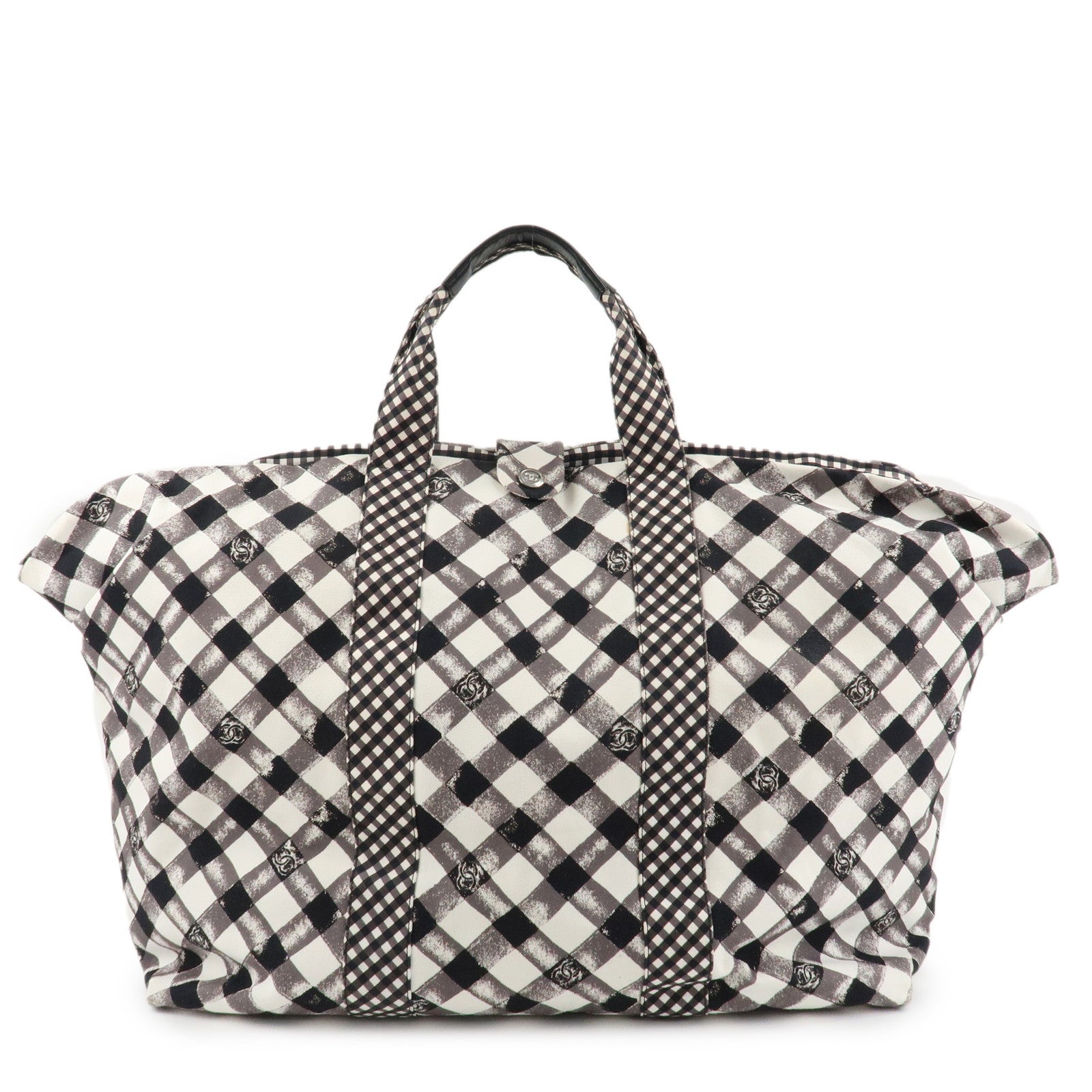 CHANEL Cruise Line COCO Mark Plaid Tote Bag Shoulder Black White Used
