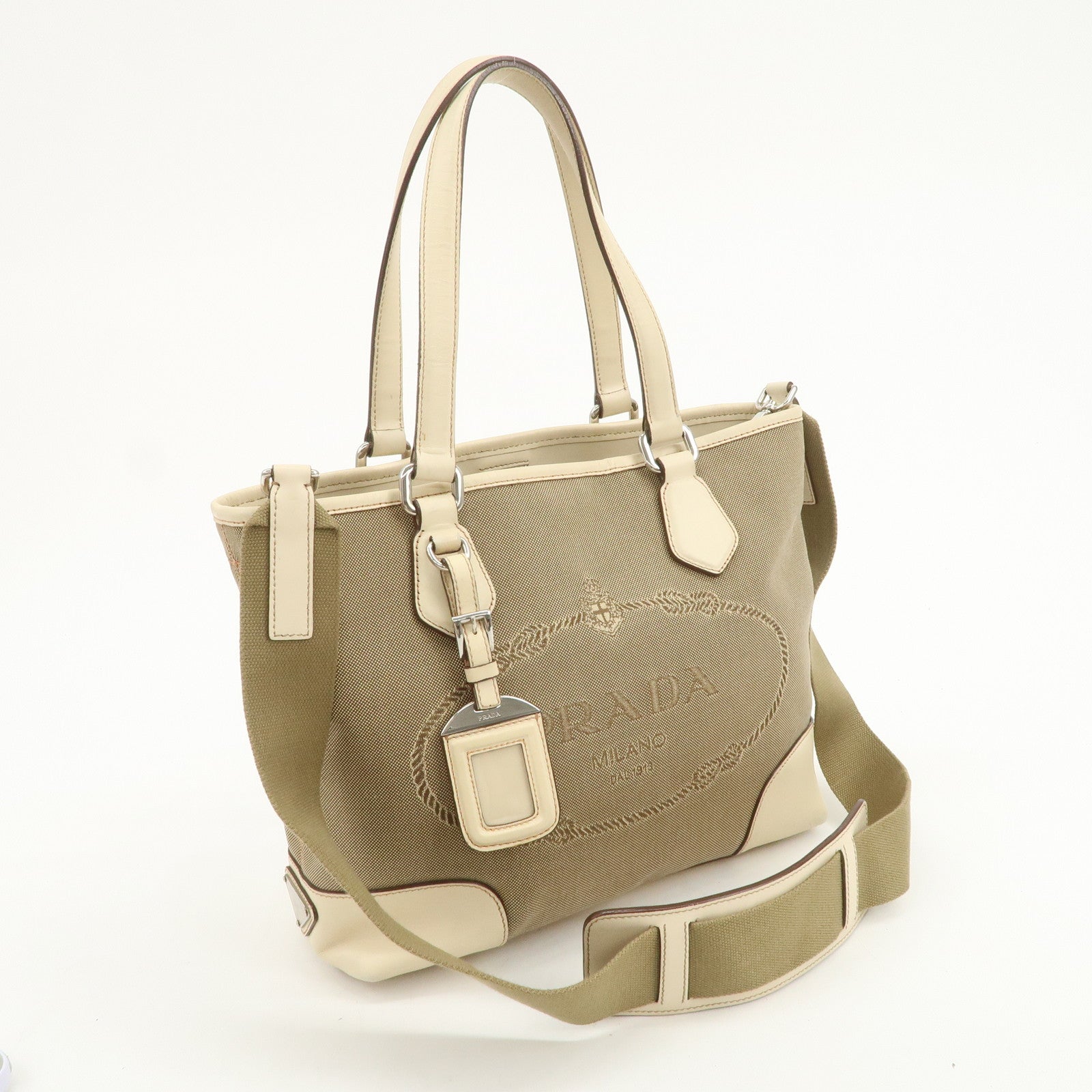 PRADA Logo Jacquard Leather 2Way Shoulder Bag Tote Bag Beige BR3414