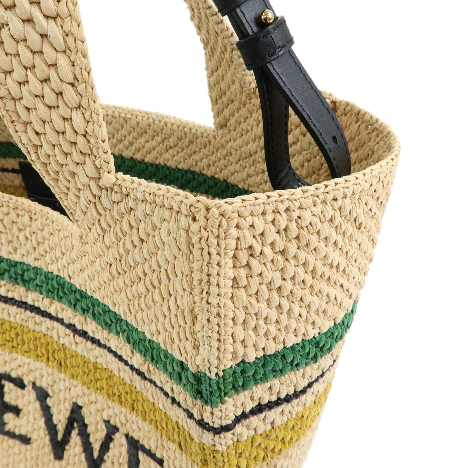 LOEWE Font Tote Bag Raffia Leather 2Way Shoulder Bag Natural Black