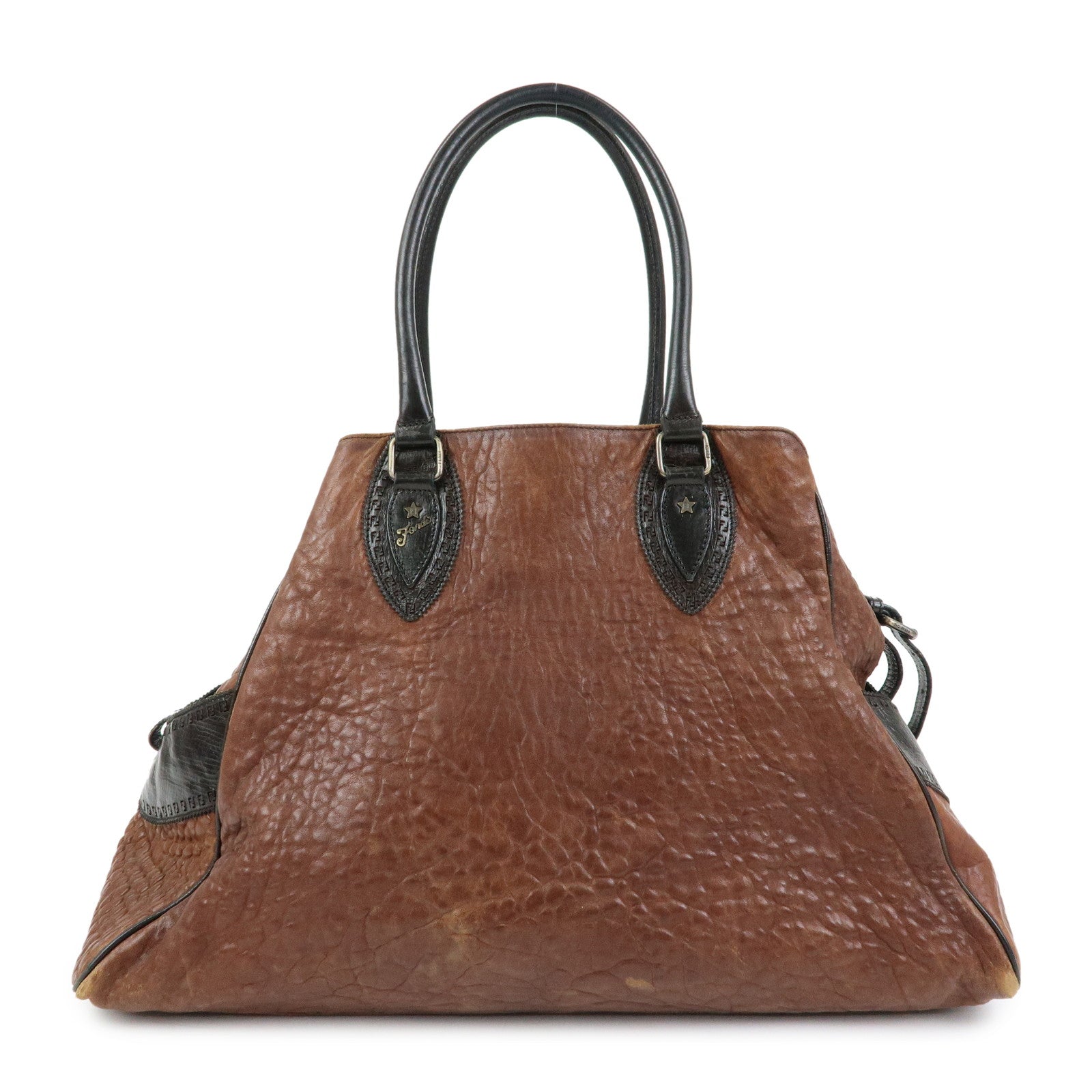 FENDI Etnico Leather Tote Bag Shoulder Bag Brown Black 8BN158