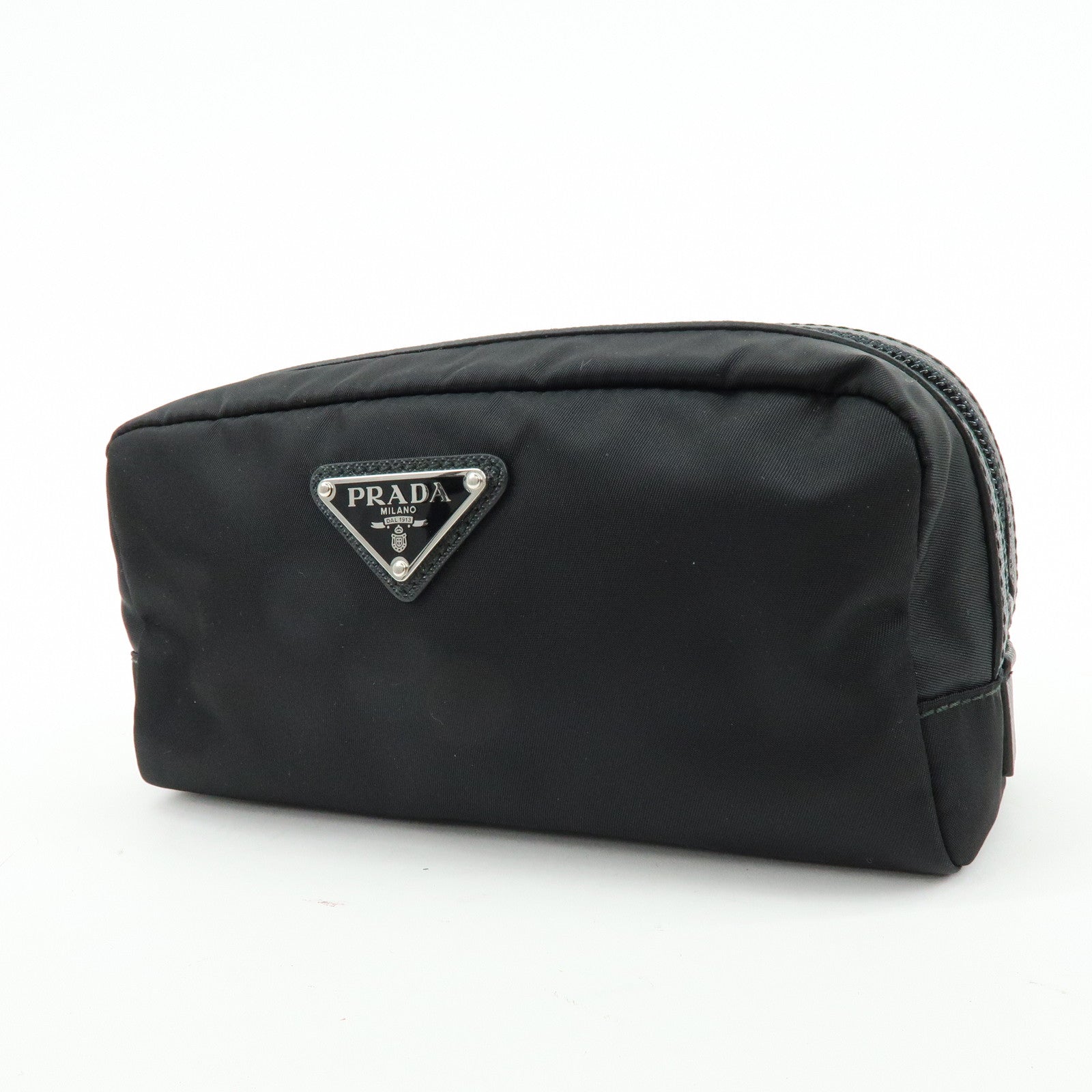 PRADA Triangle Logo Nylon Saffiano Leather Pouch Black