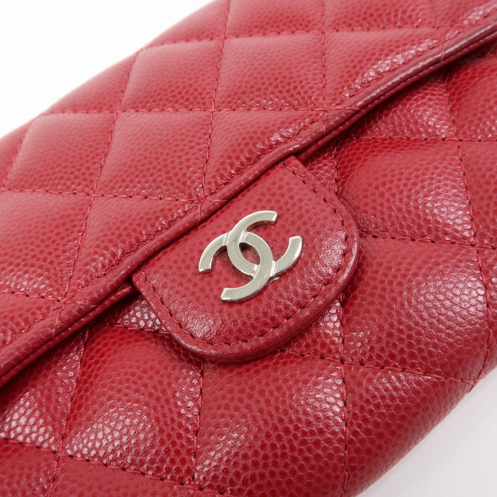 CHANEL COCO Mark Matelasse Caviarskin Flap Long Wallet Red