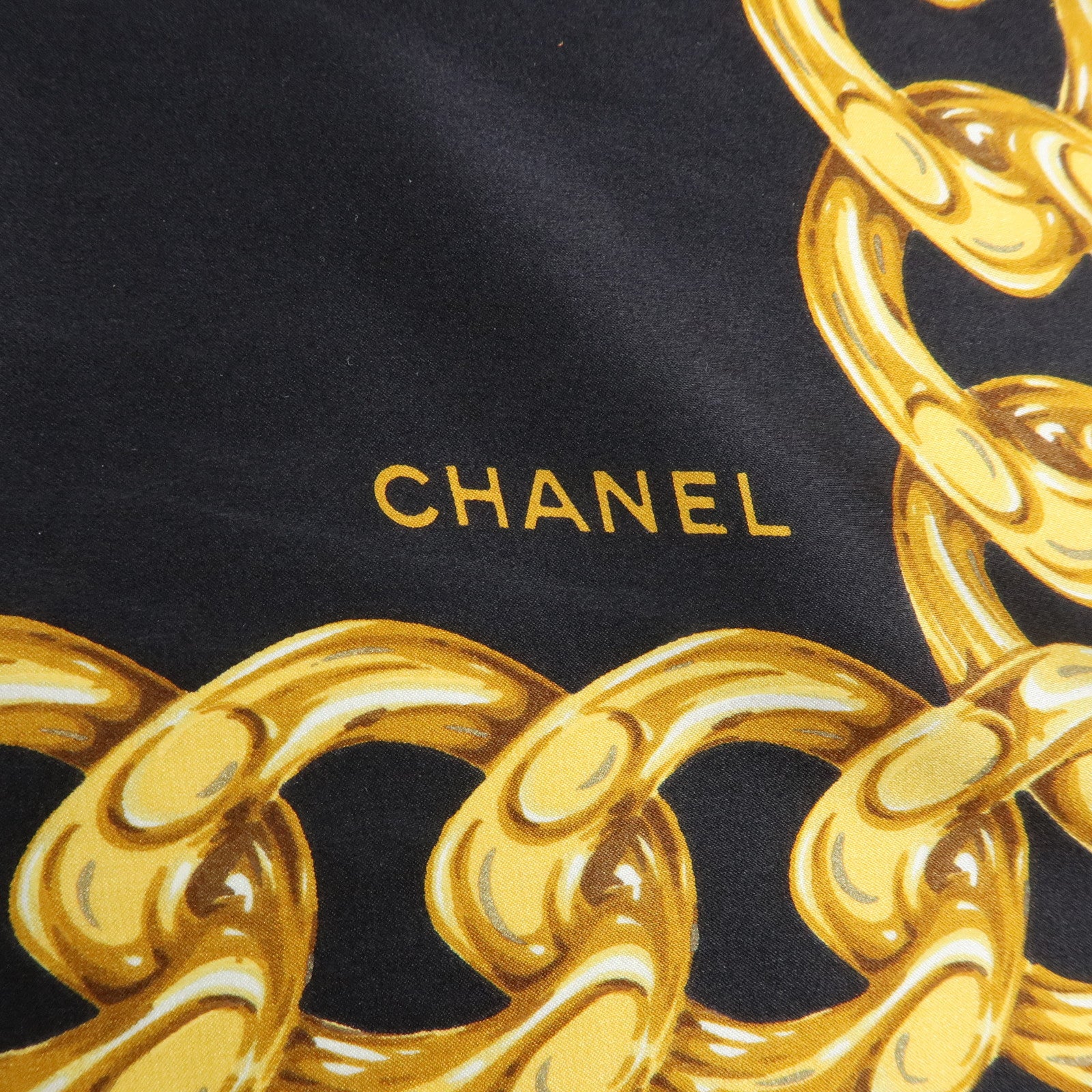 CHANEL COCO Mark Silk 100% Scarf Floral Motif Black Gold